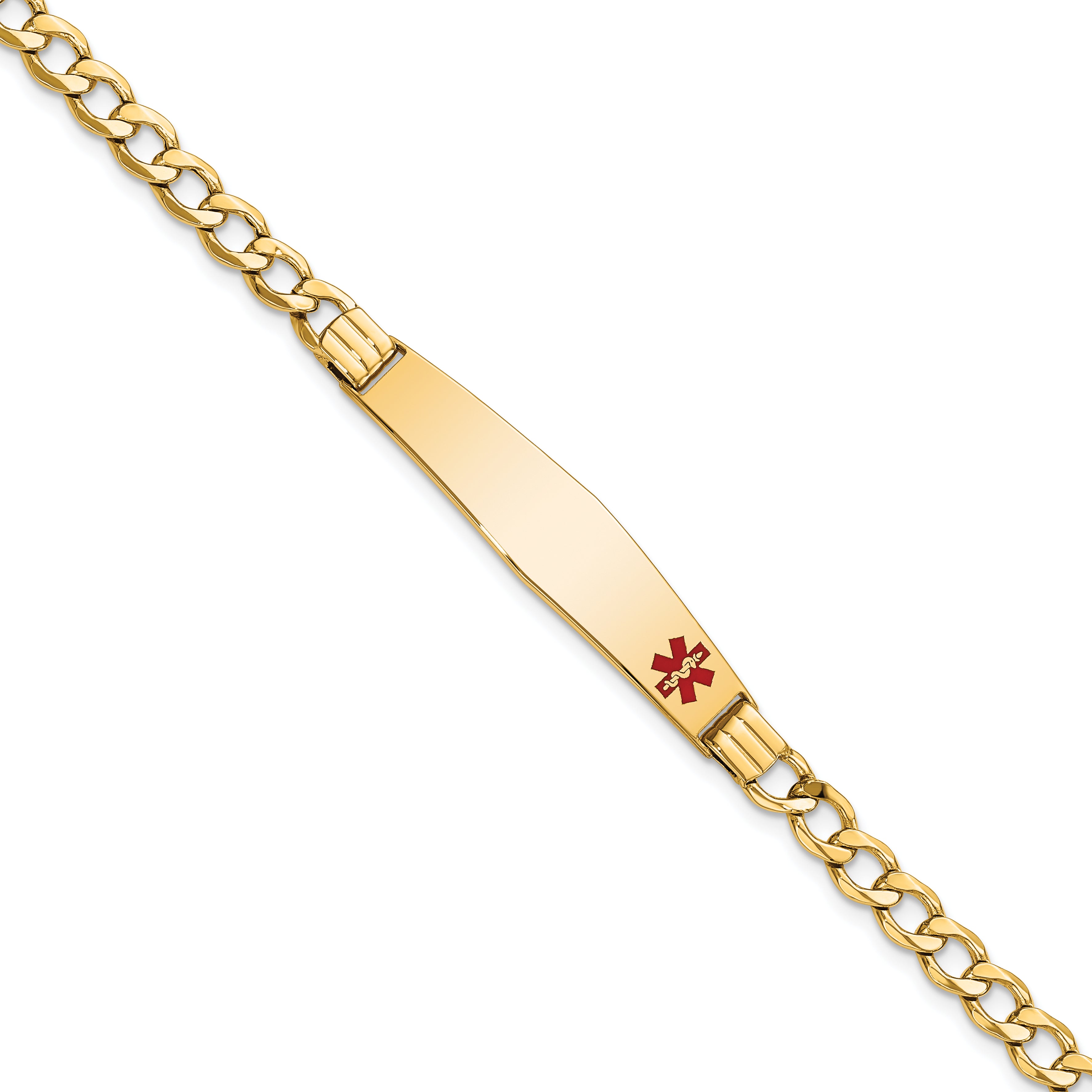 14K Medical Semi-Solid Chain/Solid Plate Soft Diamond Shape 37x9mm Off-Center Red Enamel Cuban Link 7 inch ID Bracelet