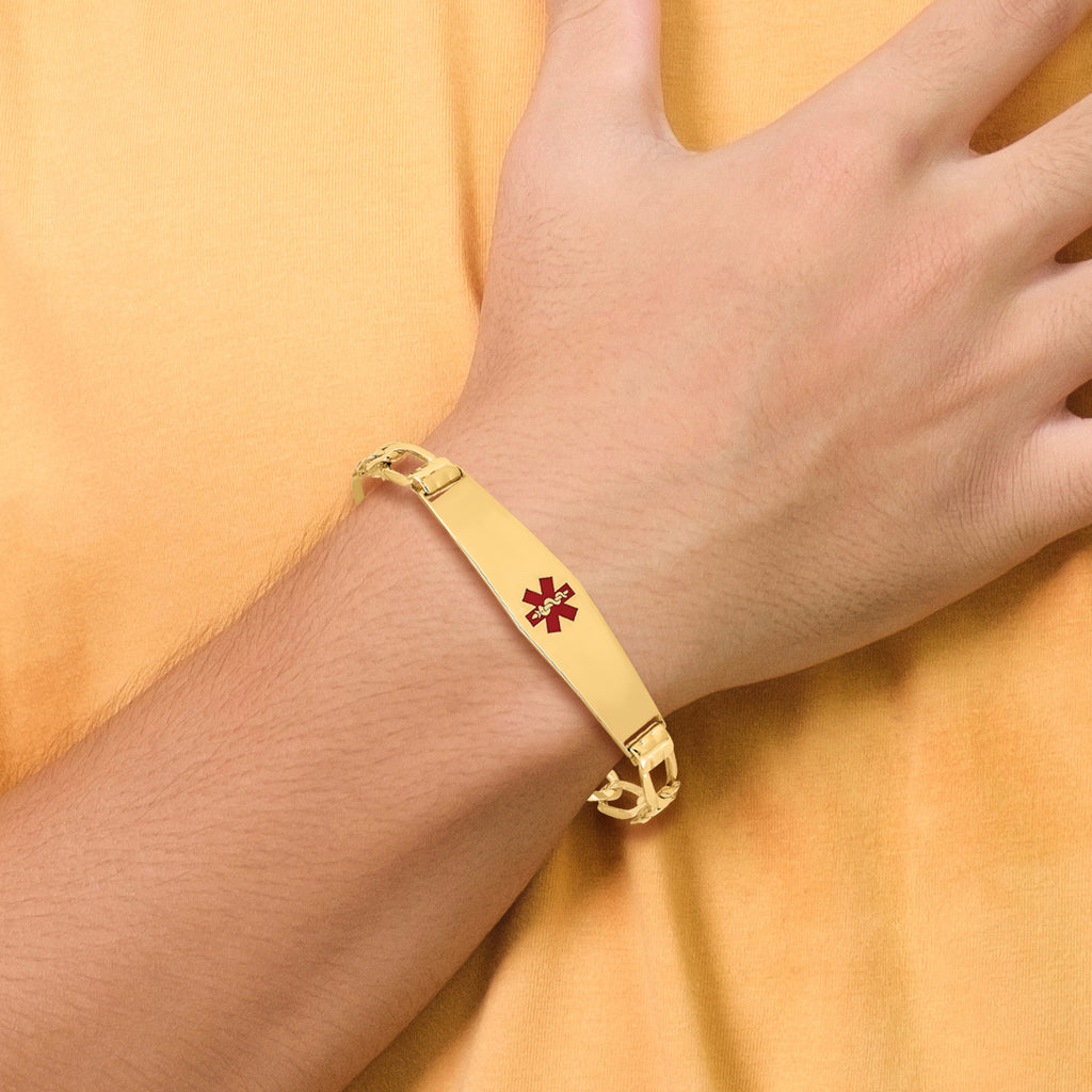 14K Medical Solid Chain/Solid Plate Soft Diamond Shape 36x9mm Centered Red Enamel Figaro Link 7 inch ID Bracelet