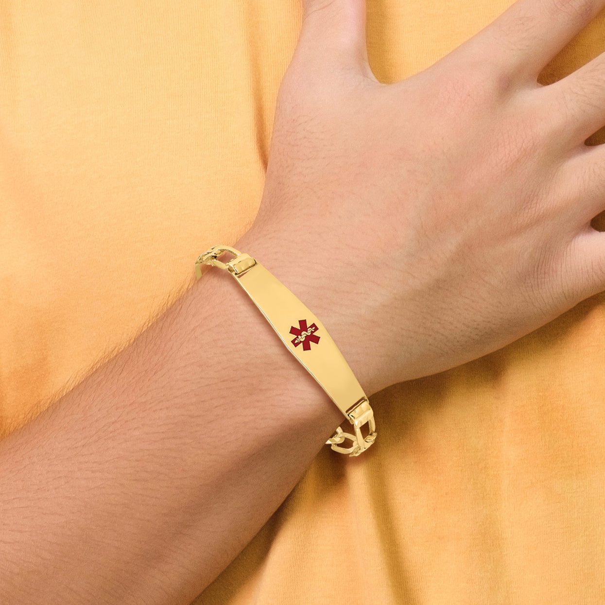 14K Medical Solid Chain/Solid Plate Soft Diamond Shape 36x9mm Centered Red Enamel Figaro Link 7 inch ID Bracelet