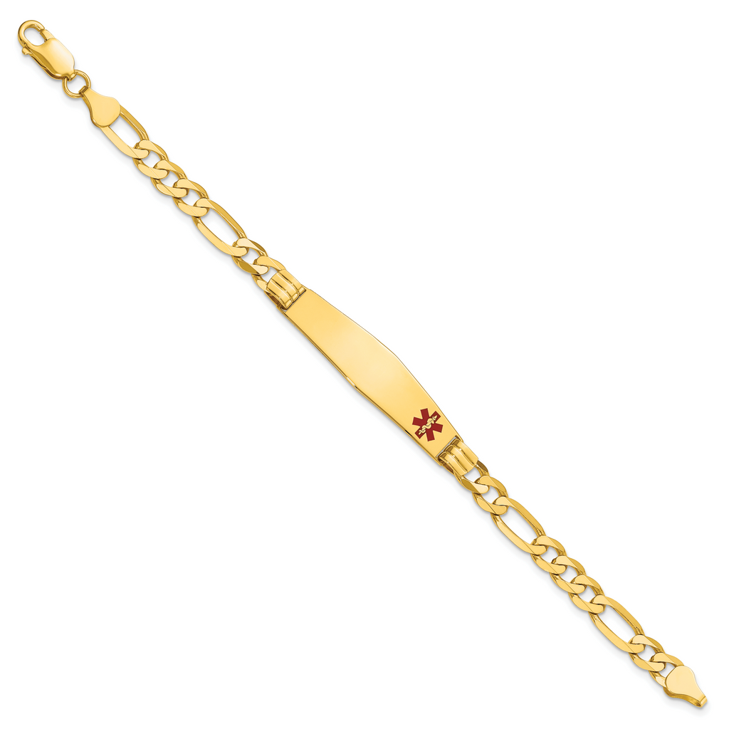 14K Medical Solid Chain/Solid Plate Soft Diamond Shape 38x9mm Off-Center Red Enamel Figaro Link 7 inch ID Bracelet