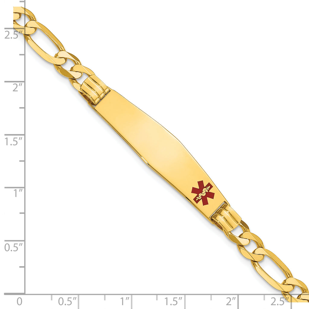 14K Medical Solid Chain/Solid Plate Soft Diamond Shape 38x9mm Off-Center Red Enamel Figaro Link 8 inch ID Bracelet
