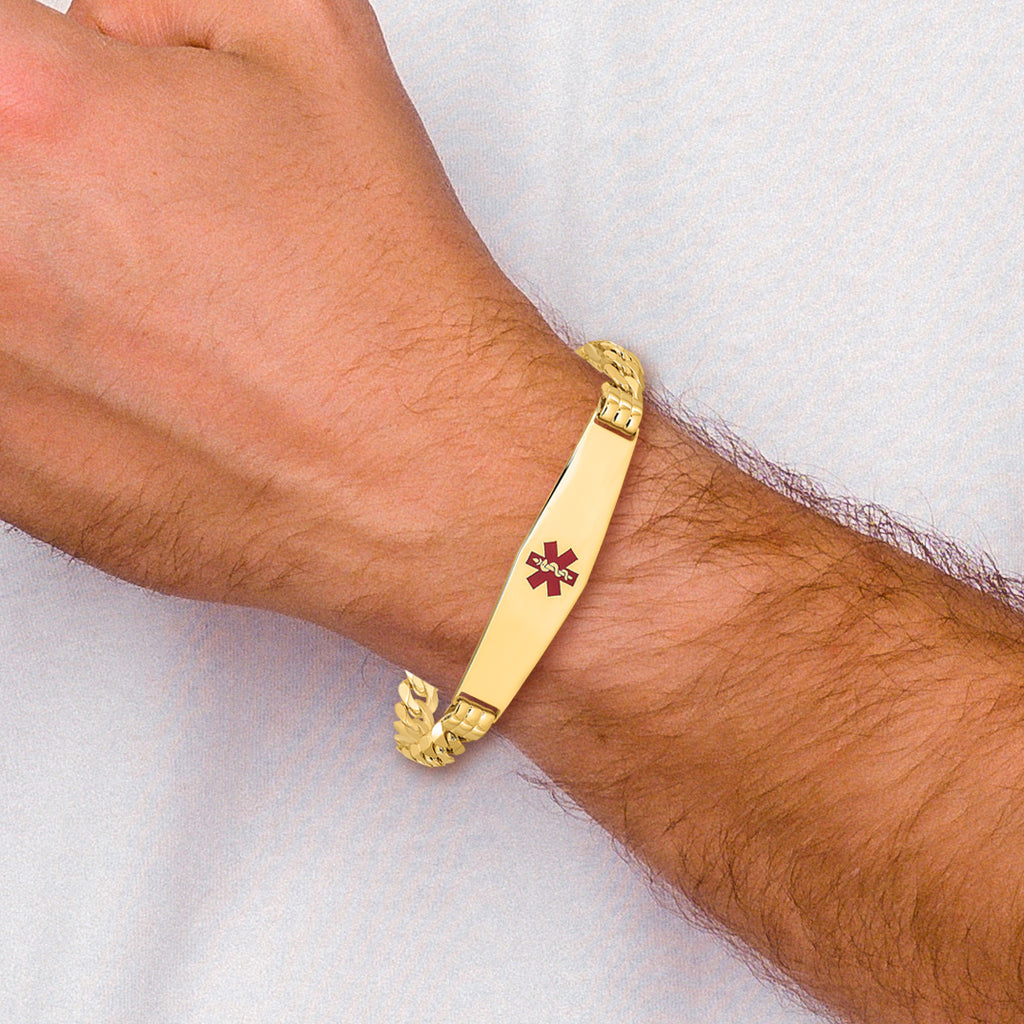 14K Medical Solid Chain/Solid Plate Soft Diamond Shape 37x9mm Centered Red Enamel Curb Link 7 inch ID Bracelet