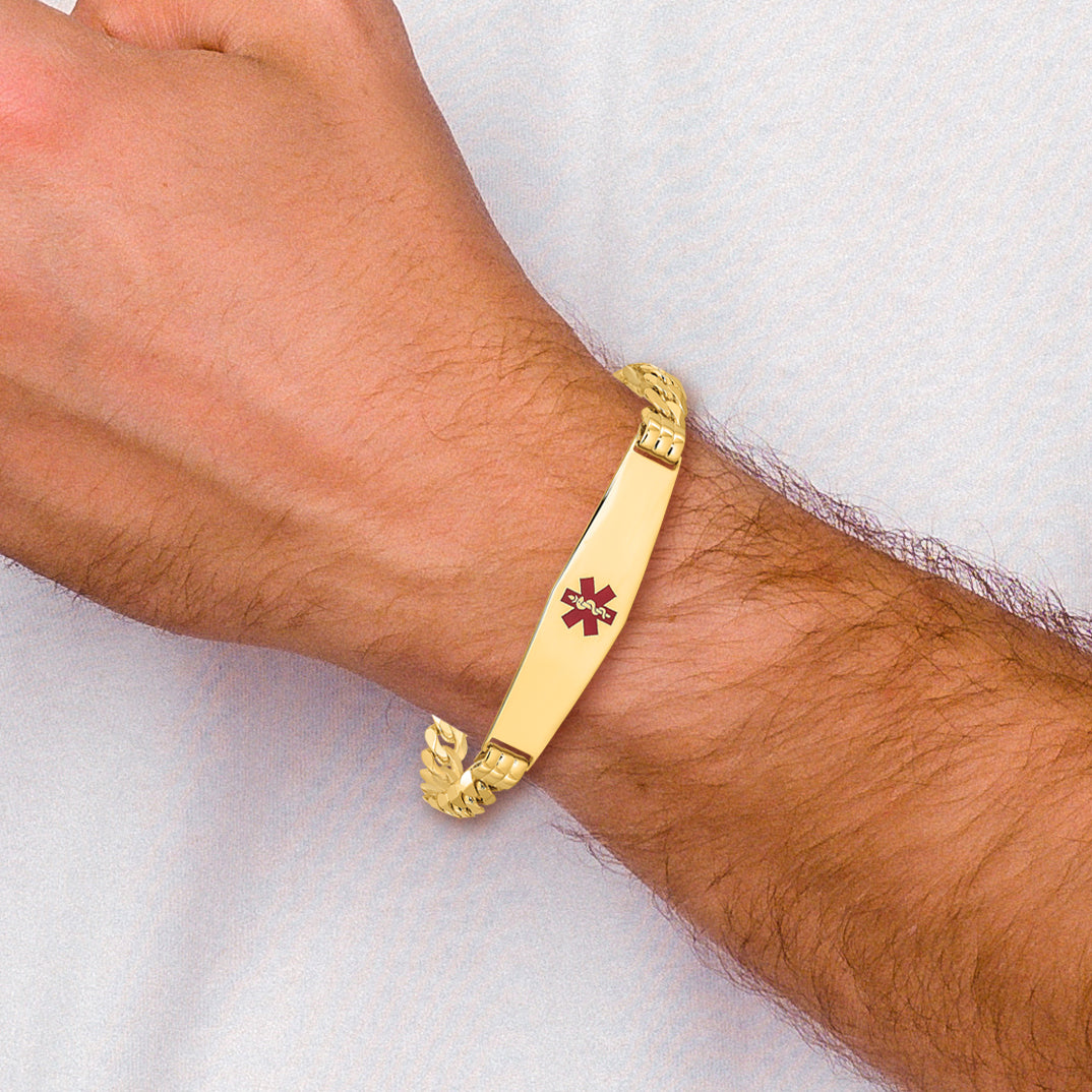 14K Medical Solid Chain/Solid Plate Soft Diamond Shape 37x9mm Centered Red Enamel Curb Link 7 inch ID Bracelet
