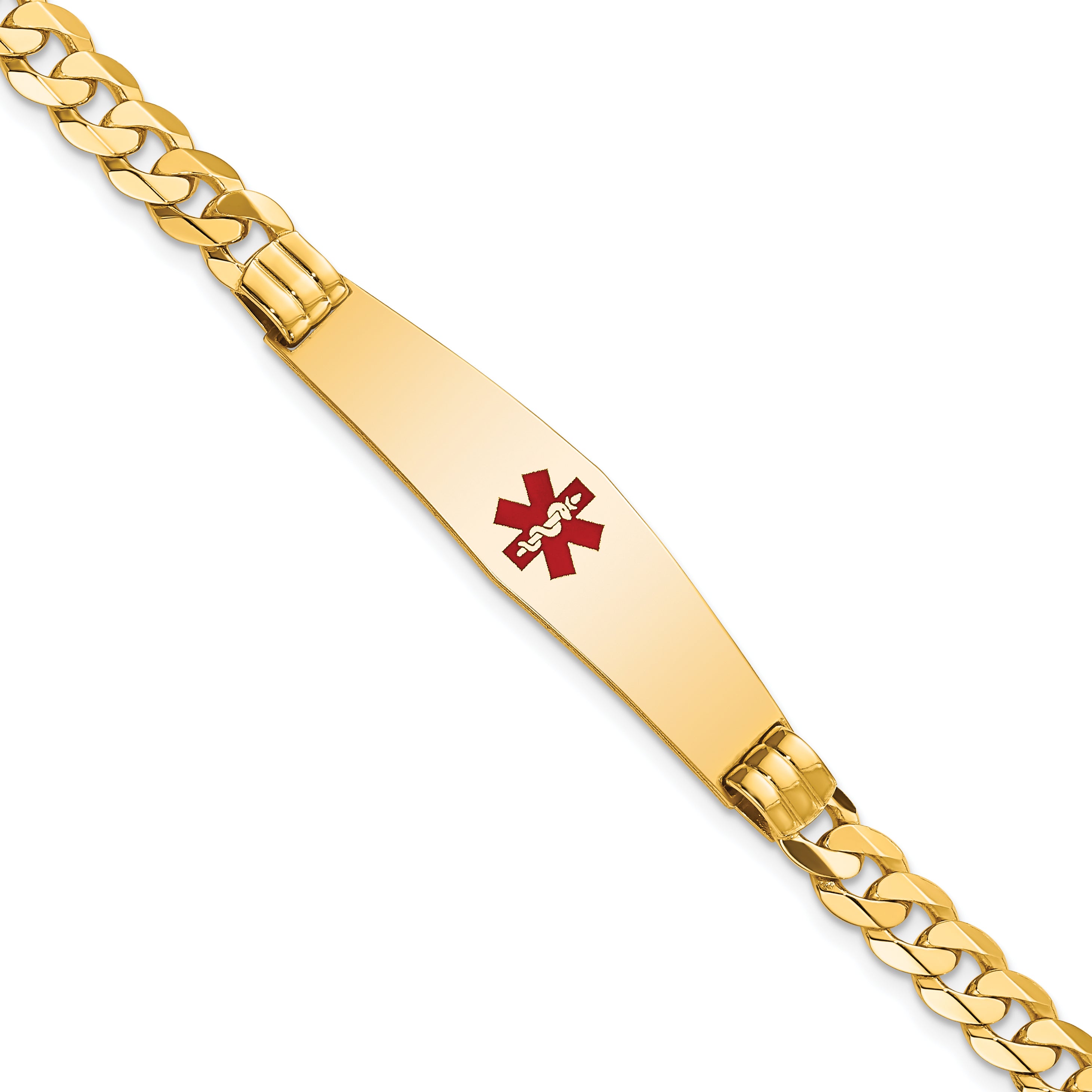 14K Medical Solid Chain/Solid Plate Soft Diamond Shape 37x9mm Centered Red Enamel Curb Link 7 inch ID Bracelet Main image