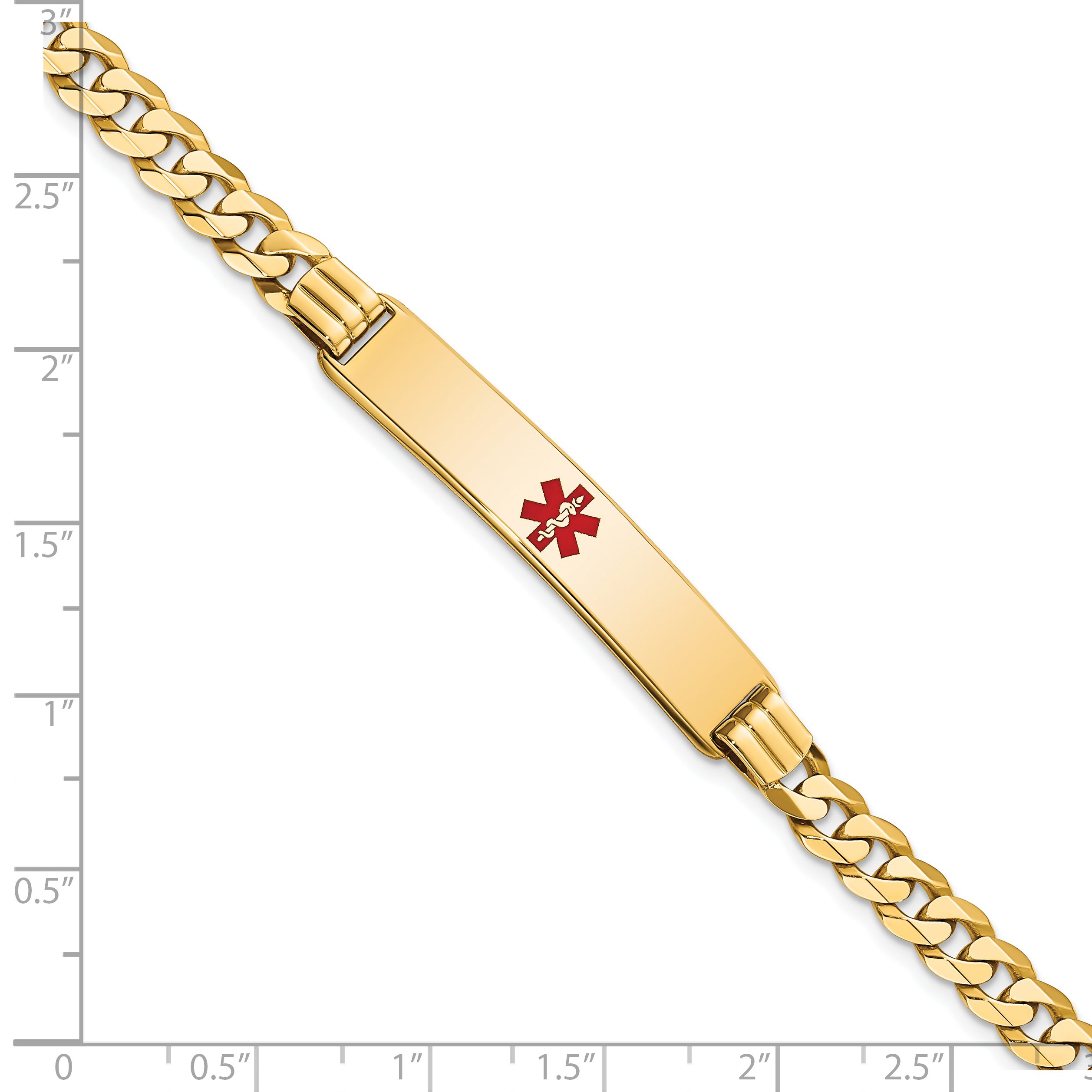 14K Medical Solid Chain/Solid Plate 38x8mm Centered Red Enamel Curb Link 7 inch ID Bracelet