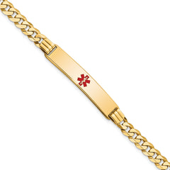 14K Medical Solid Chain/Solid Plate 38x8mm Centered Red Enamel Curb Link 7 inch ID Bracelet