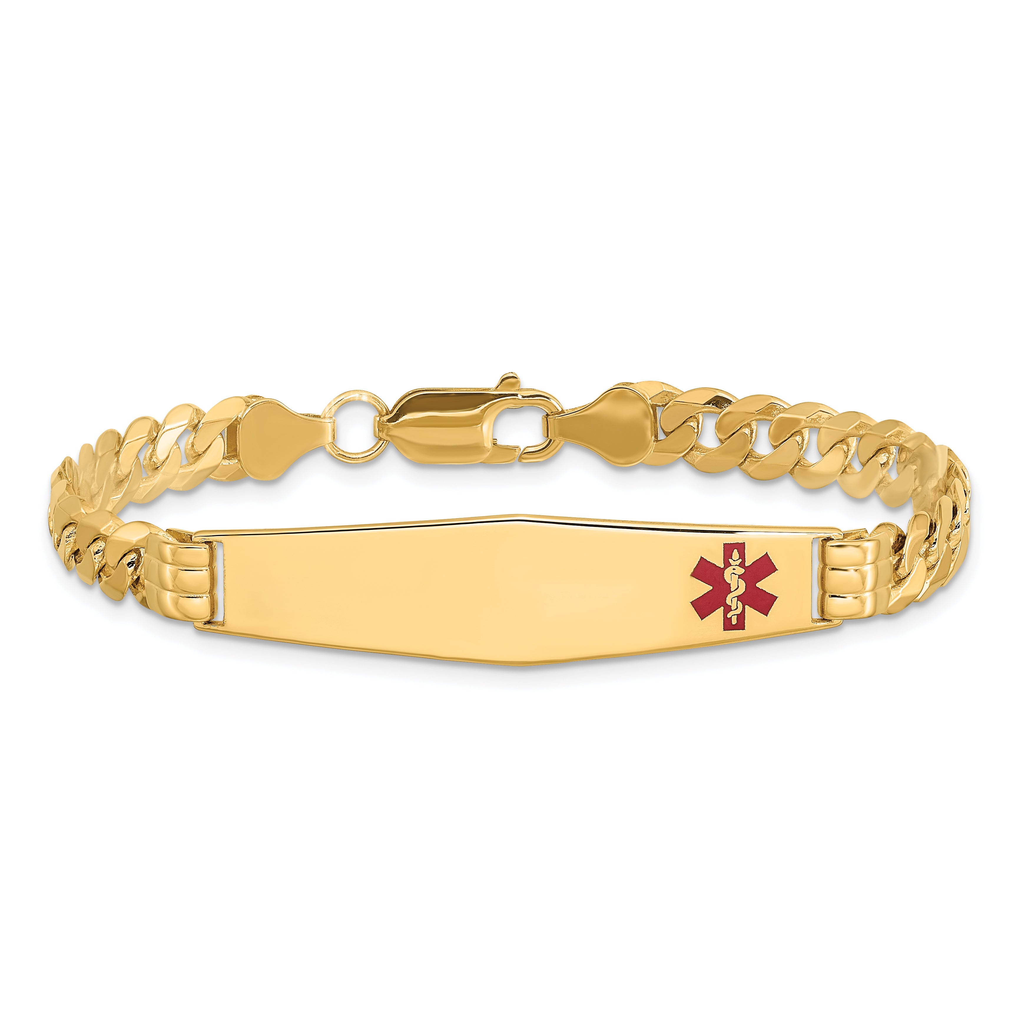 14K Medical Solid Chain/Solid Plate Soft Diamond Shape 38x9mm Off-Center Red Enamel Curb Link 8 inch ID Bracelet