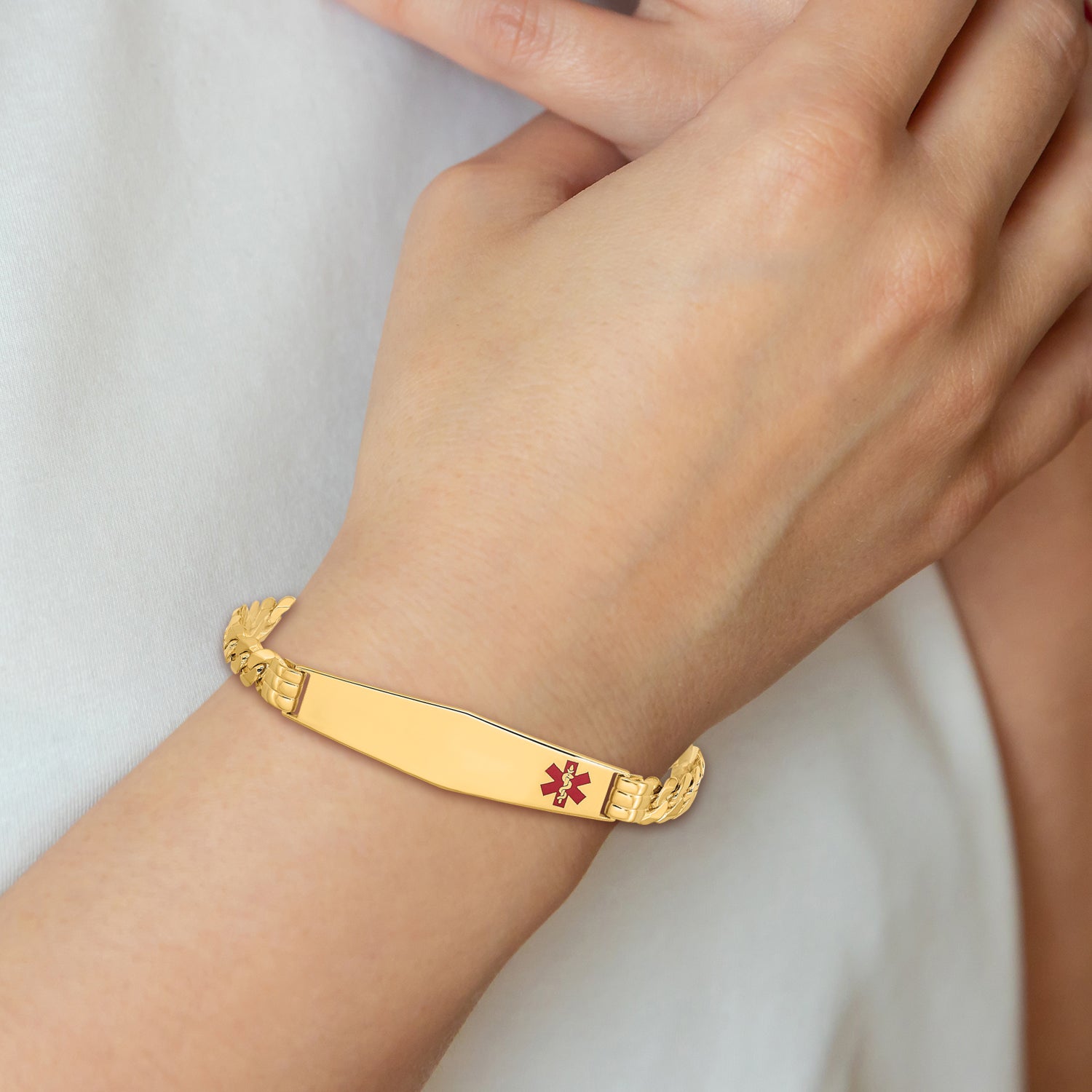 14K Medical Solid Chain/Solid Plate Soft Diamond Shape 38x9mm Off-Center Red Enamel Curb Link 7 inch ID Bracelet