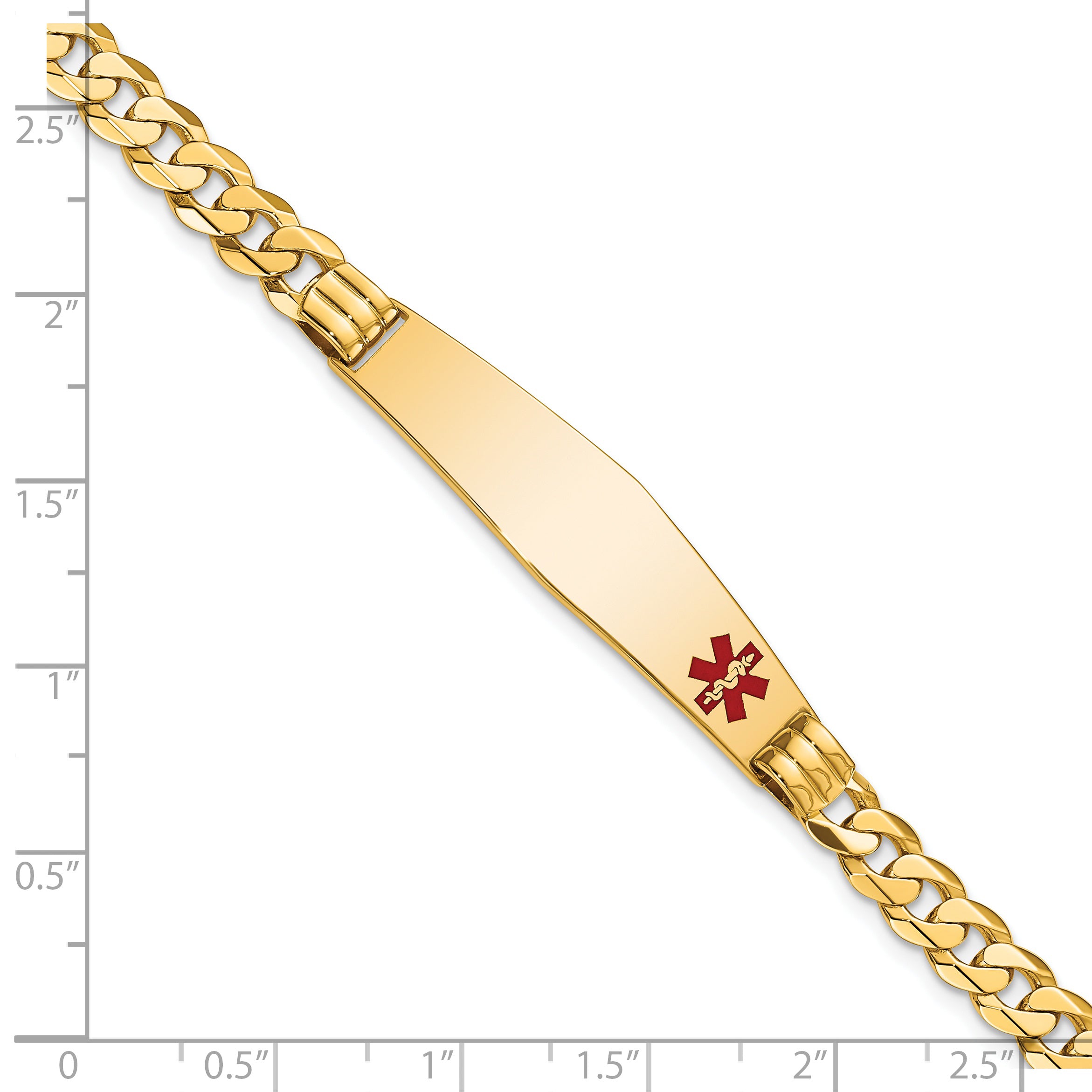 14K Medical Solid Chain/Solid Plate Soft Diamond Shape 38x9mm Off-Center Red Enamel Curb Link 7 inch ID Bracelet