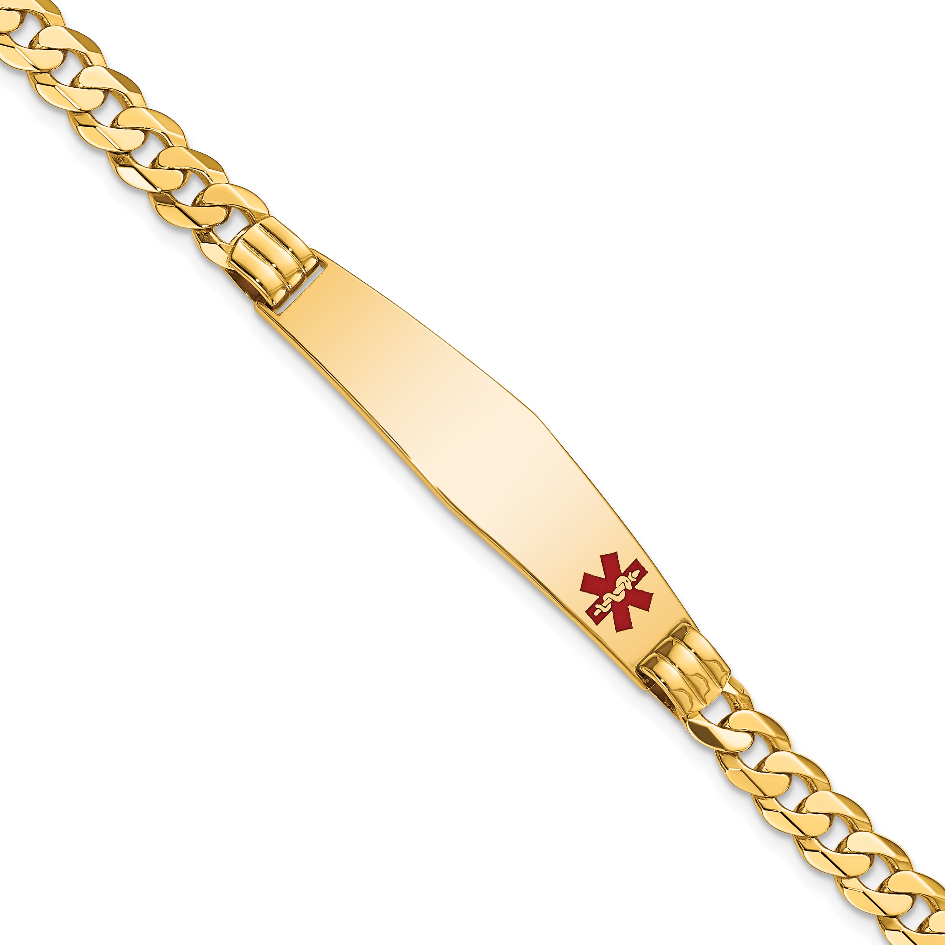 14K Medical Solid Chain/Solid Plate Soft Diamond Shape 38x9mm Off-Center Red Enamel Curb Link 7 inch ID Bracelet