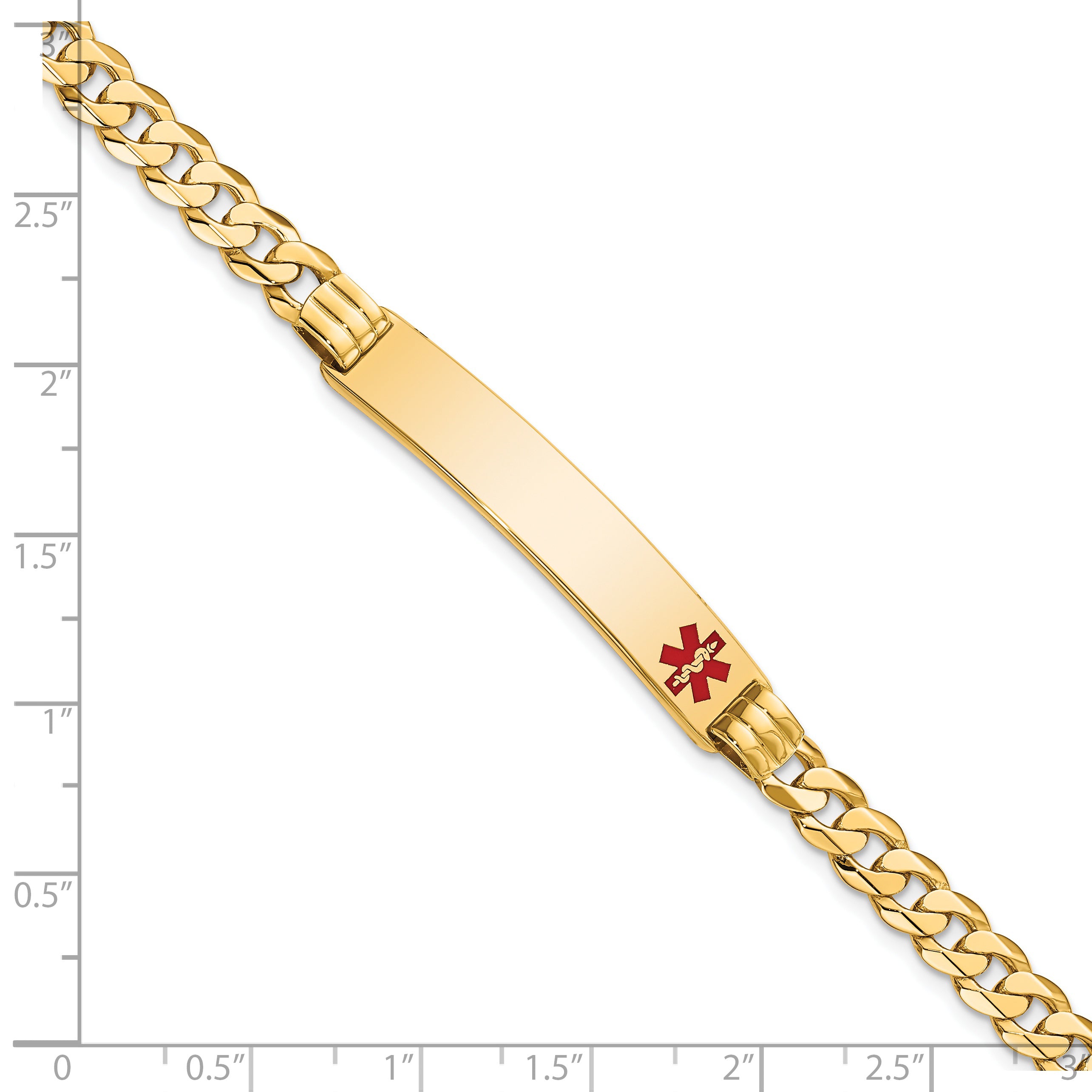 14K Medical Solid Chain/Solid Plate 38x8mm  Off-Center Red Enamel Curb Link 7 inch ID Bracelet