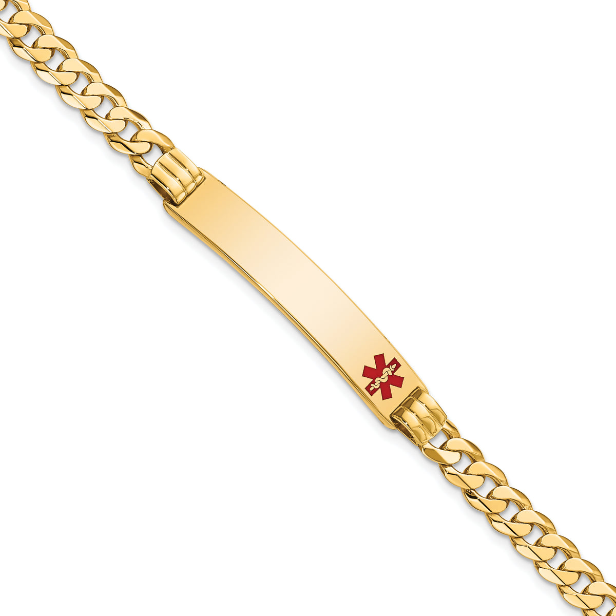 14K Medical Solid Chain/Solid Plate 38x8mm  Off-Center Red Enamel Curb Link 7 inch ID Bracelet