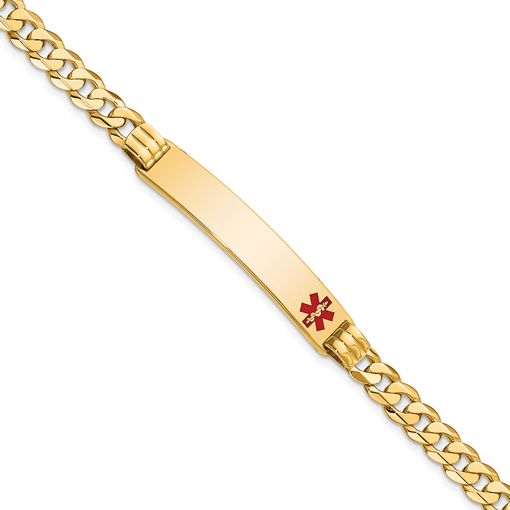 14K Medical Solid Chain/Solid Plate 38x8mm Off-Center Red Enamel Curb Link 8 inch ID Bracelet