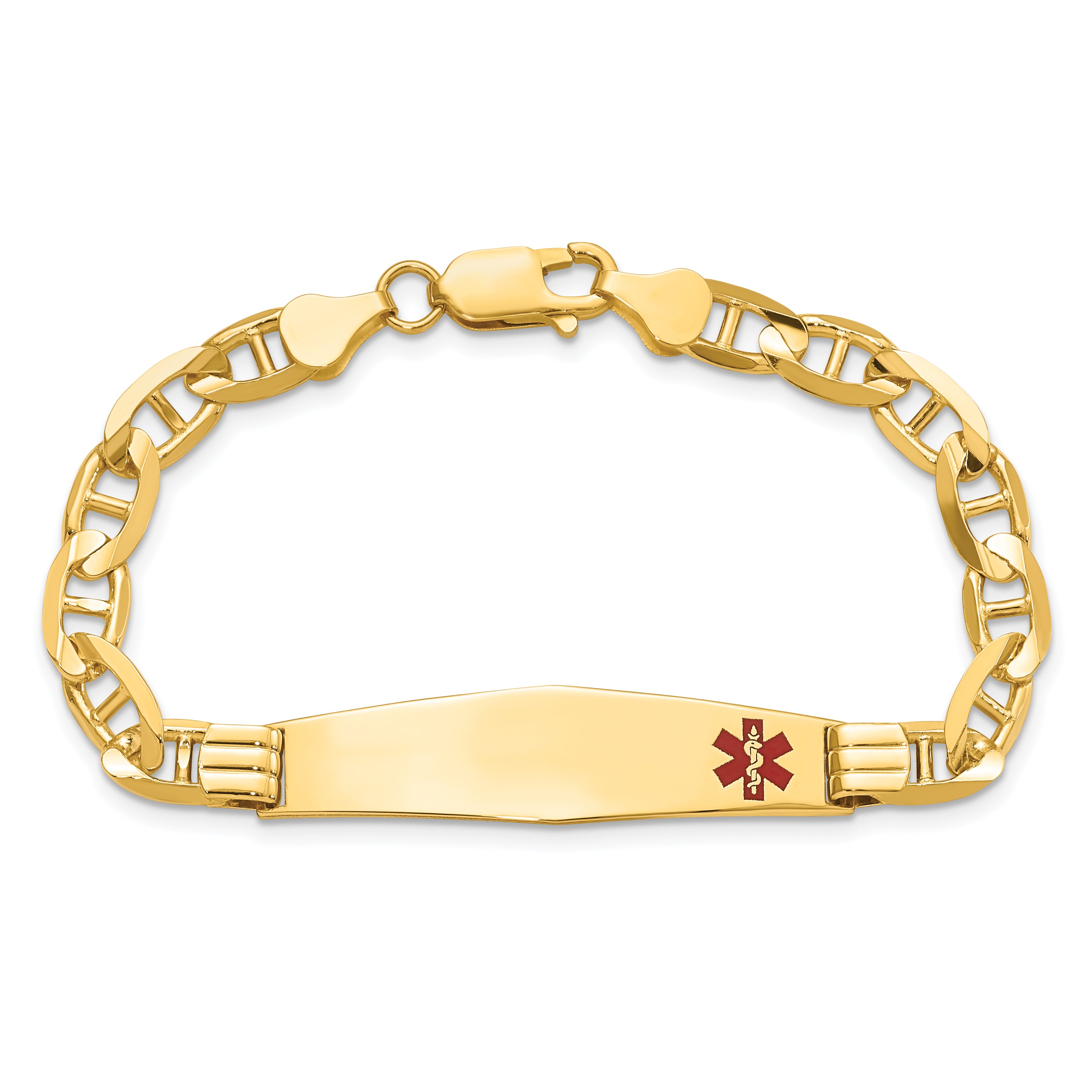 14K Medical Solid Chain/Solid Plate Soft Diamond Shape 38x9mm Off-Center Red Enamel Anchor Link 7 inch ID Bracelet