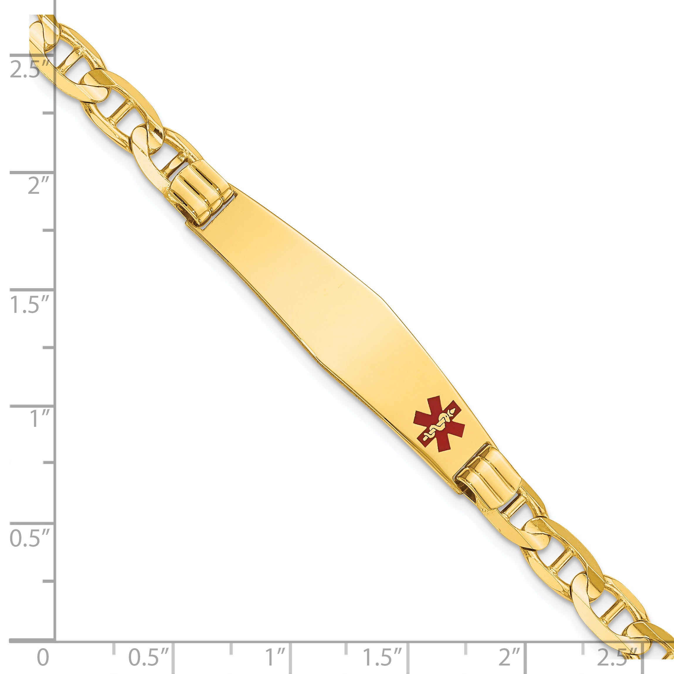 14K Medical Solid Chain/Solid Plate Soft Diamond Shape 38x9mm Off-Center Red Enamel Anchor Link 7 inch ID Bracelet