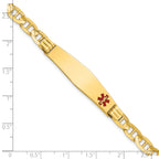 14K Medical Solid Chain/Solid Plate Soft Diamond Shape 38x9mm Off-Center Red Enamel Anchor Link 7 inch ID Bracelet