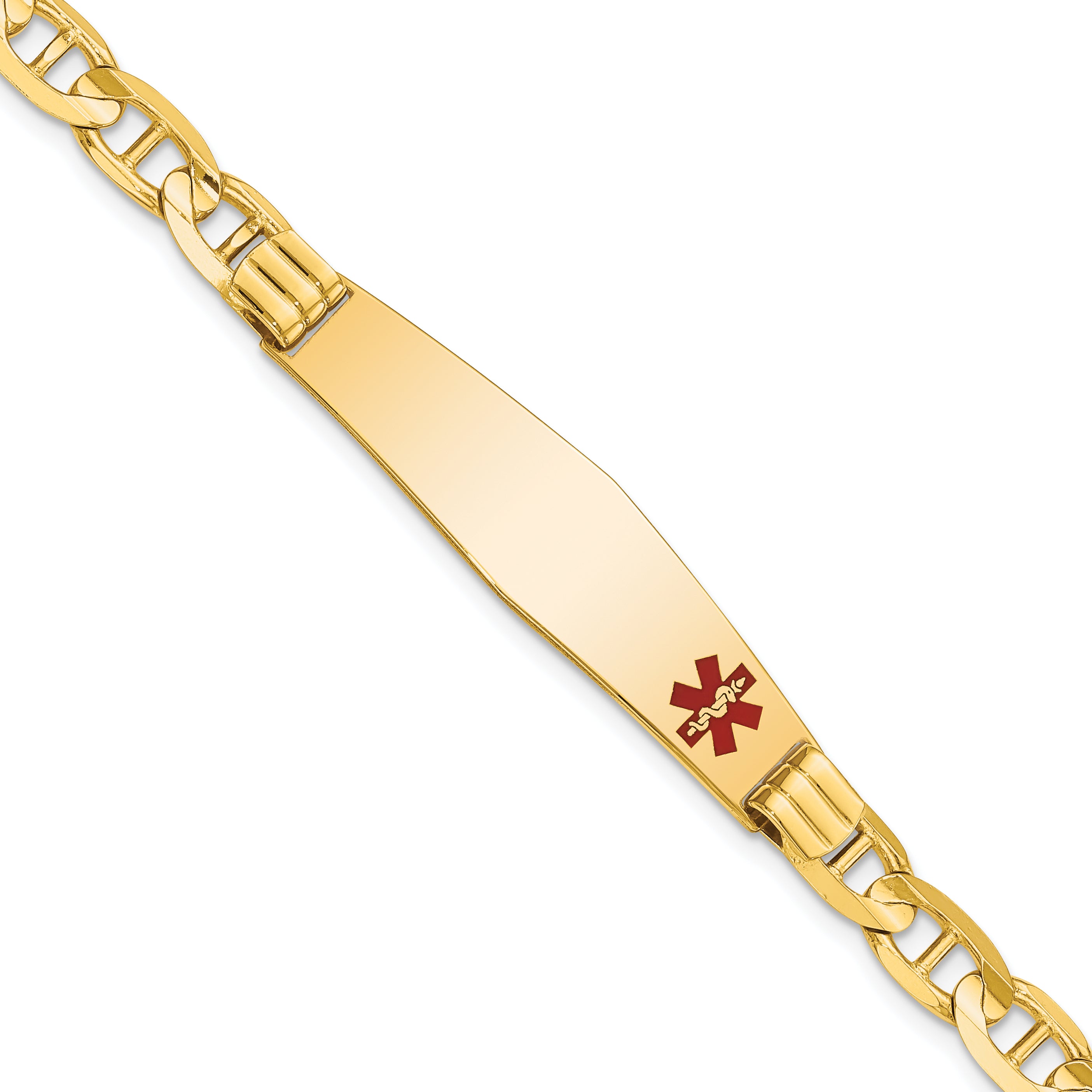 14K Medical Solid Chain/Solid Plate Soft Diamond Shape 38x9mm Off-Center Red Enamel Anchor Link 7 inch ID Bracelet