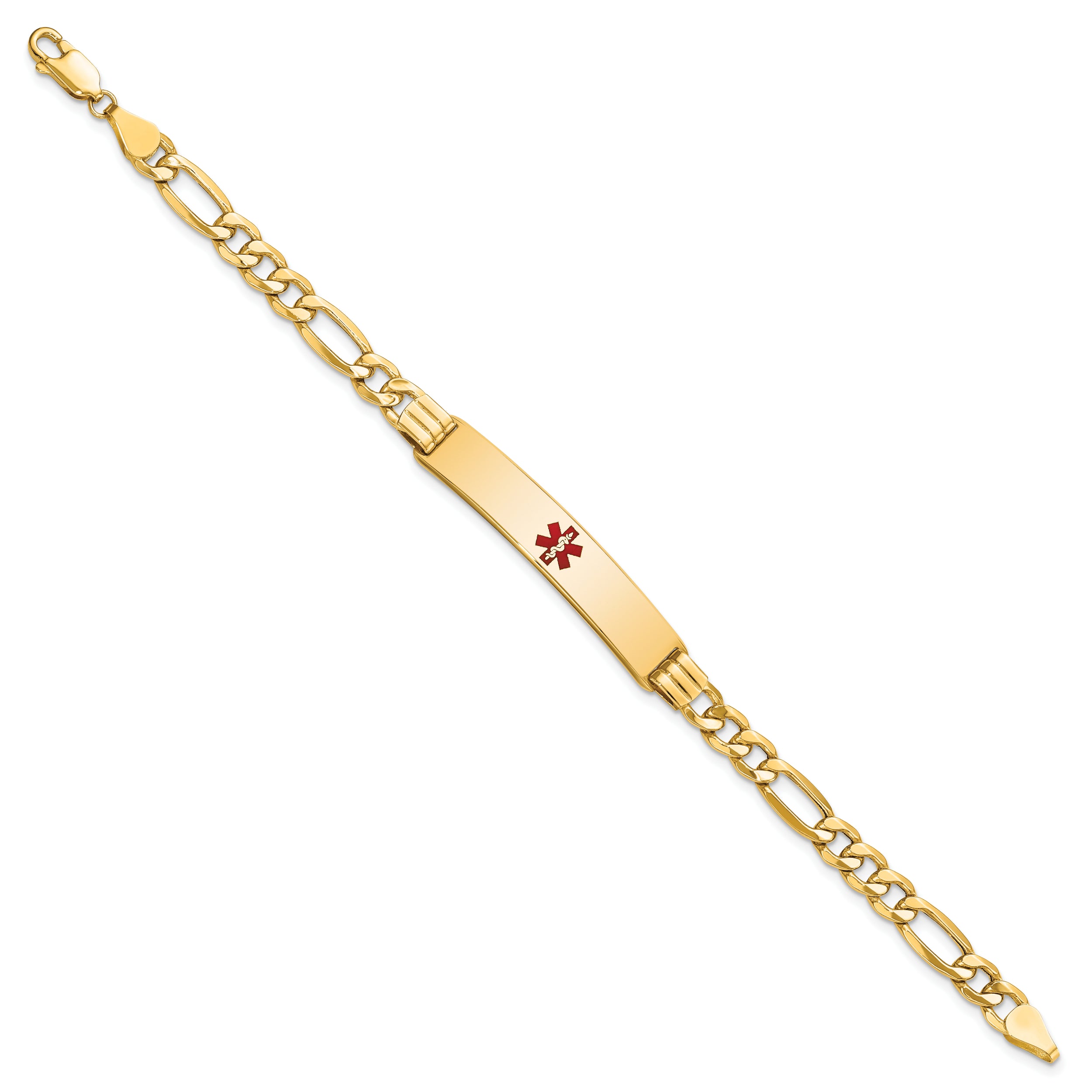 14K Medical Semi-Solid Chain/Solid Plate 38x9mm Centered Red Enamel Figaro Link 7 inch ID Bracelet