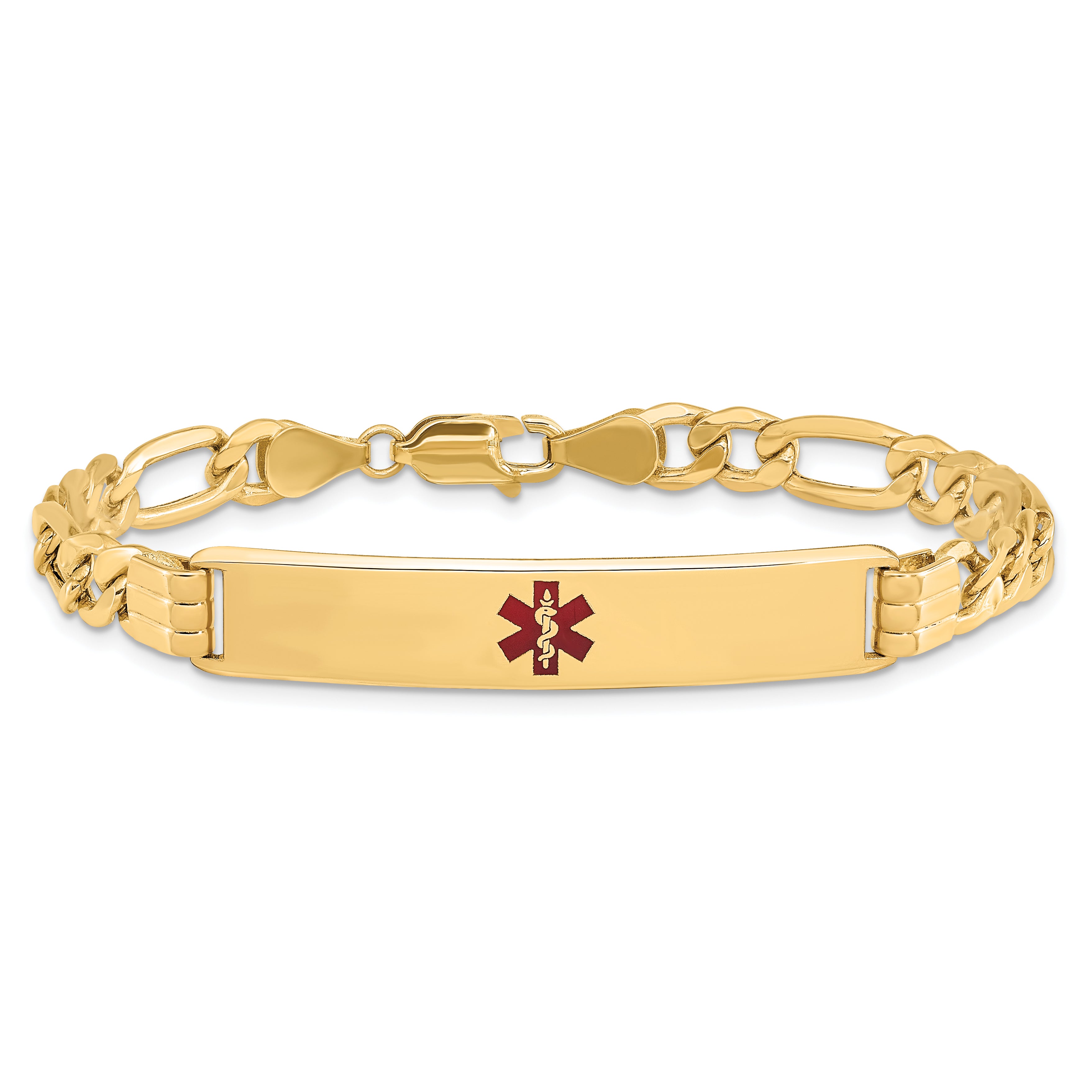 14K Medical Semi-Solid Chain/Solid Plate 38x9mm Centered Red Enamel Figaro Link 7 inch ID Bracelet