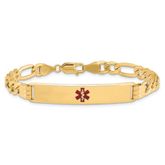 14K Medical Semi-Solid Chain/Solid Plate 38x9mm Centered Red Enamel Figaro Link 7 inch ID Bracelet
