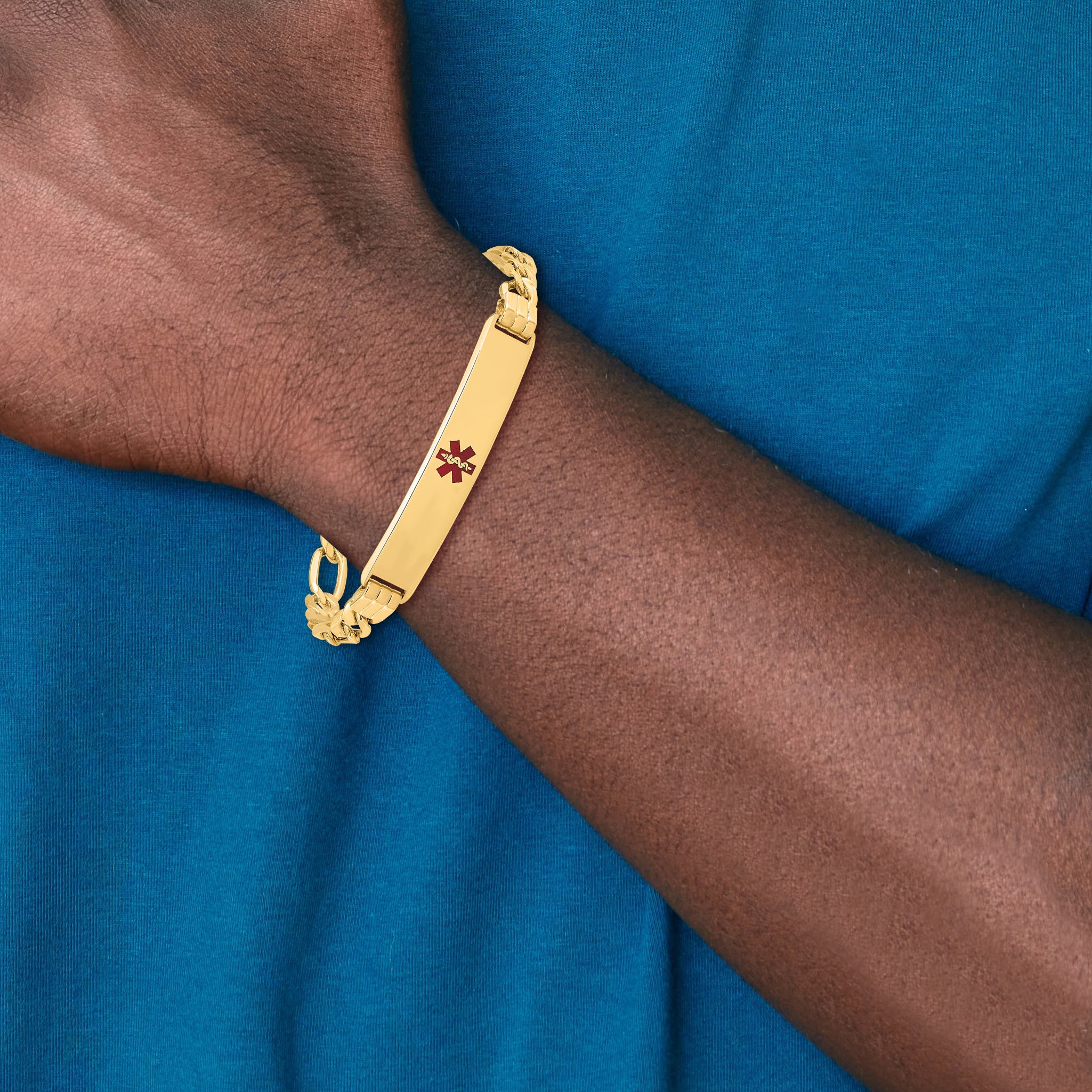 14K Medical Semi-Solid Chain/Solid Plate 38x9mm Centered Red Enamel Figaro Link 7 inch ID Bracelet