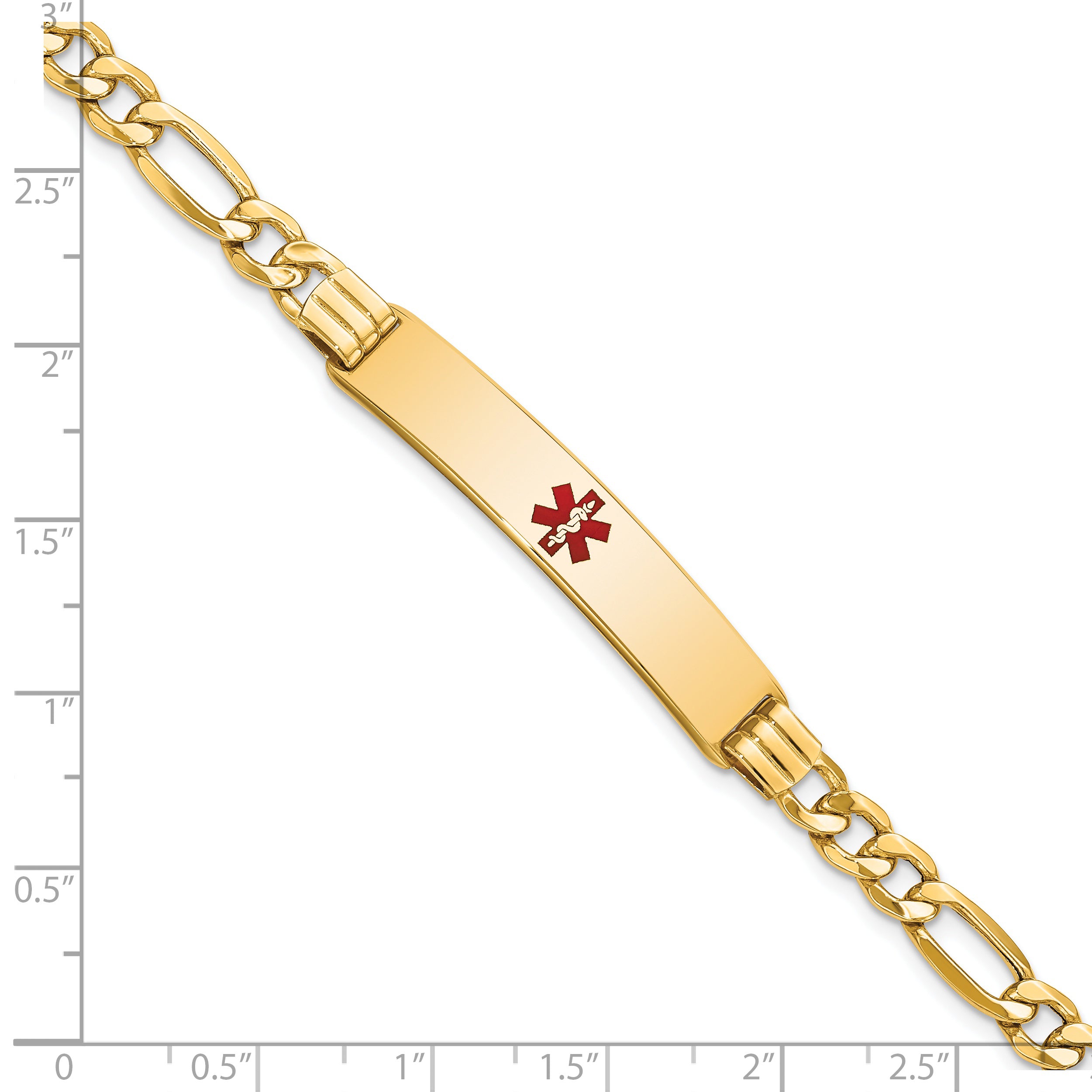 14K Medical Semi-Solid Chain/Solid Plate 38x9mm Centered Red Enamel Figaro Link 7 inch ID Bracelet