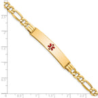 14K Medical Semi-Solid Chain/Solid Plate 38x9mm Centered Red Enamel Figaro Link 7 inch ID Bracelet