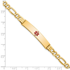 14K Medical Semi-Solid Chain/Solid Plate 38x9mm Centered Red Enamel Figaro Link 7 inch ID Bracelet