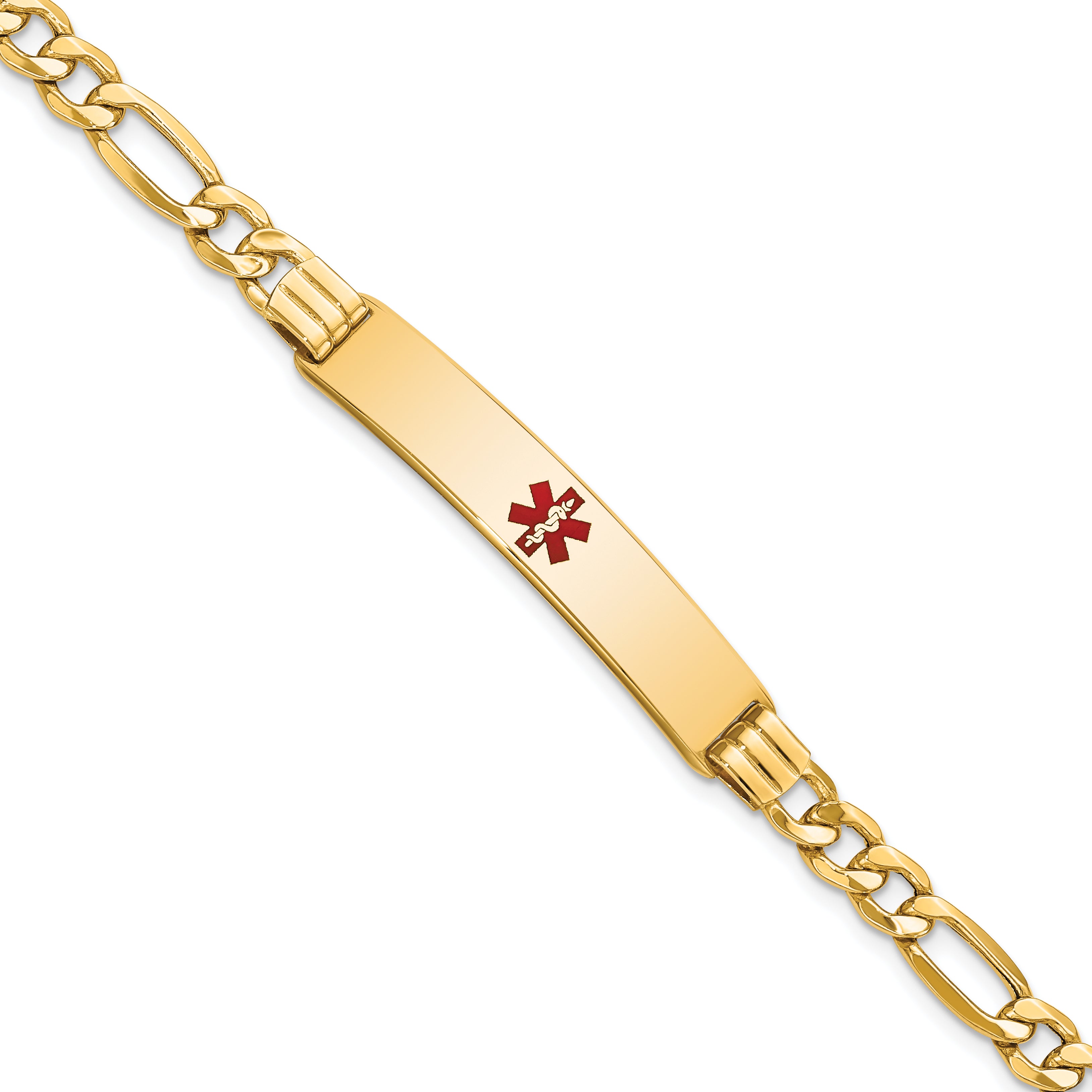14K Medical Semi-Solid Chain/Solid Plate 38x9mm Centered Red Enamel Figaro Link 7 inch ID Bracelet