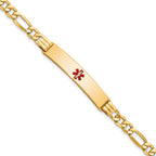 14K Medical Semi-Solid Chain/Solid Plate 38x9mm Centered Red Enamel Figaro Link 8 inch ID Bracelet