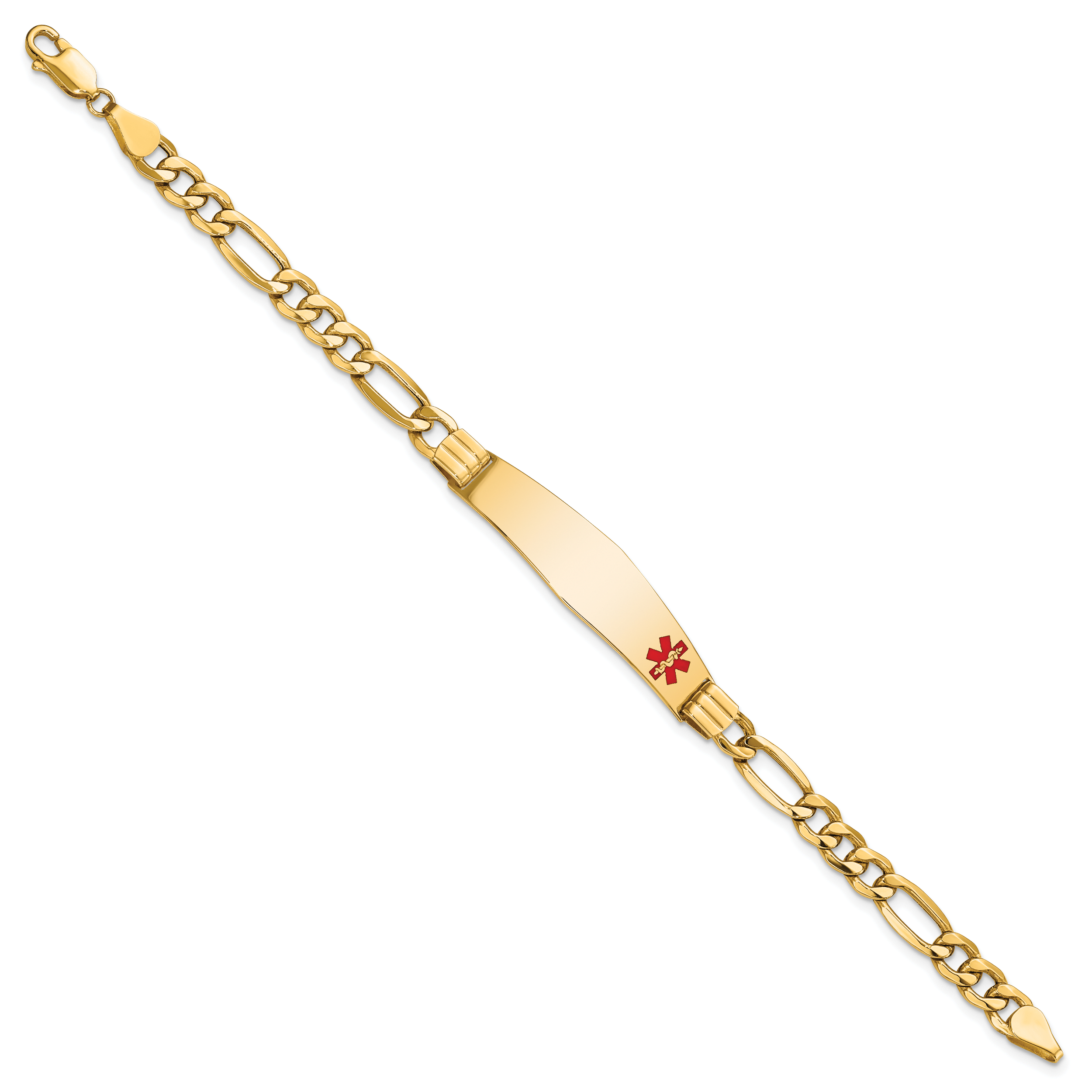 14K Medical Semi-Solid Chain/Solid Plate Soft Diamond Shape 38x9mm Off-Center Red Enamel Figaro Link 7 inch ID Bracelet Secondary image