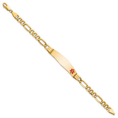 14K Medical Semi-Solid Chain/Solid Plate Soft Diamond Shape 38x9mm Off-Center Red Enamel Figaro Link 7 inch ID Bracelet