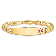 14K Medical Semi-Solid Chain/Solid Plate Soft Diamond Shape 38x9mm Off-Center Red Enamel Figaro Link 7 inch ID Bracelet