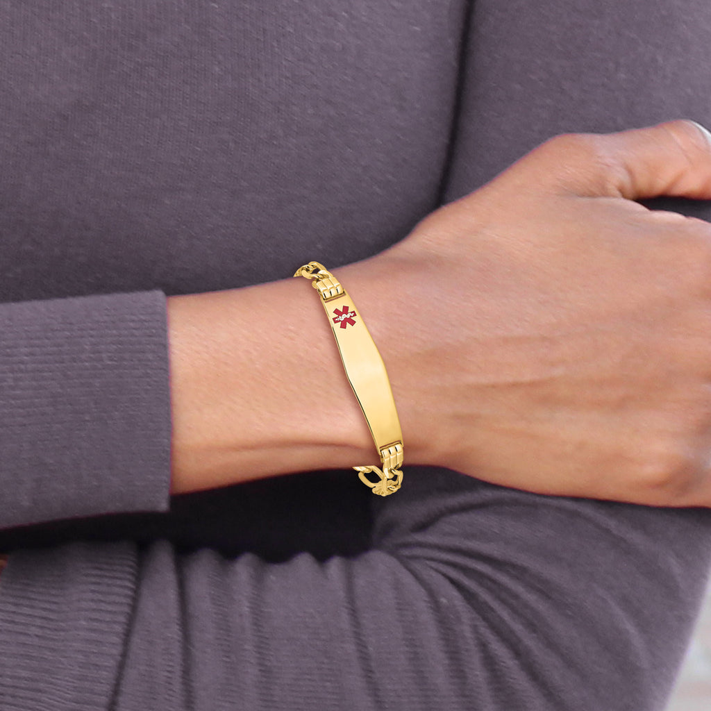 14K Medical Semi-Solid Chain/Solid Plate Soft Diamond Shape 38x9mm Off-Center Red Enamel Figaro Link 7 inch ID Bracelet
