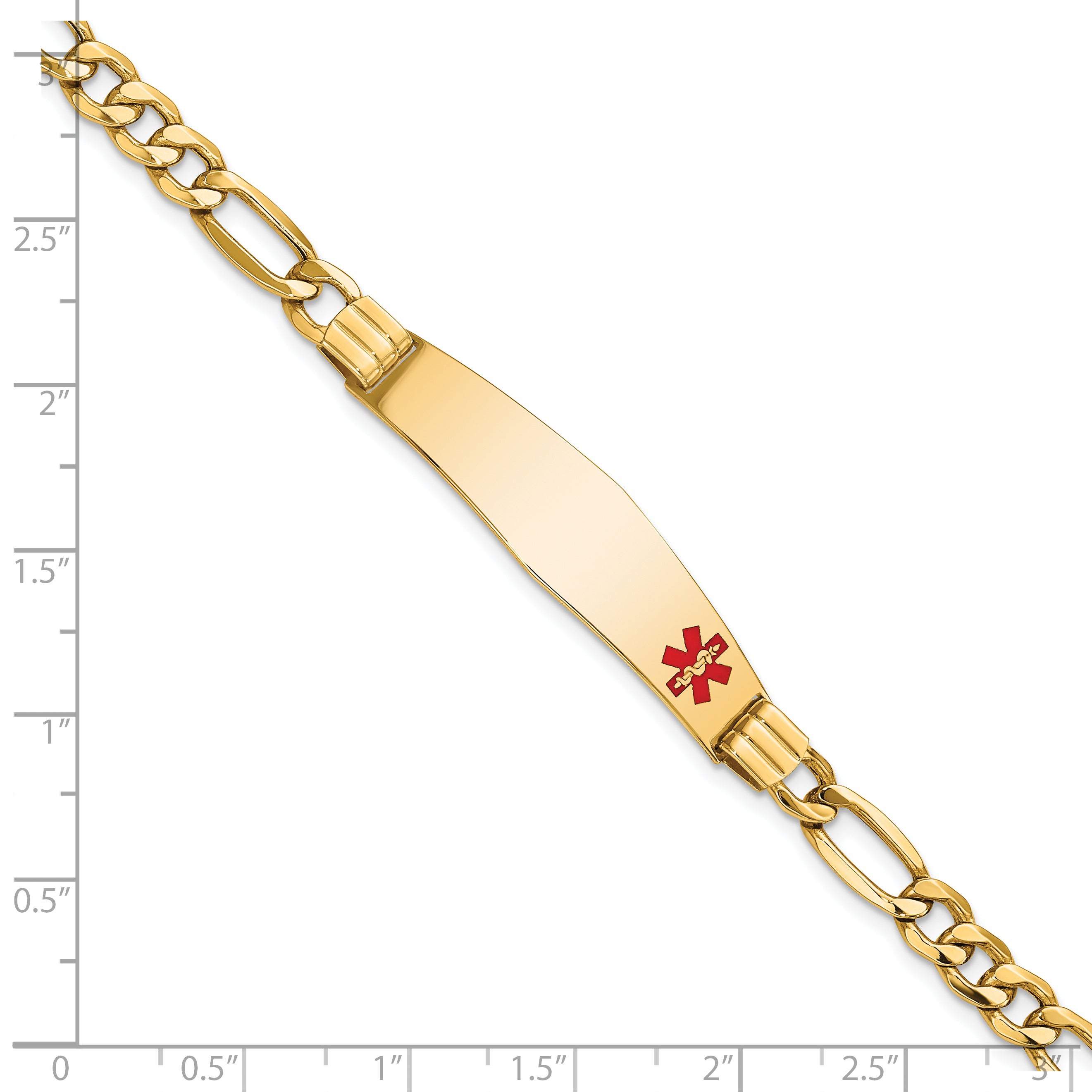 14K Medical Semi-Solid Chain/Solid Plate Soft Diamond Shape 38x9mm Off-Center Red Enamel Figaro Link 7 inch ID Bracelet