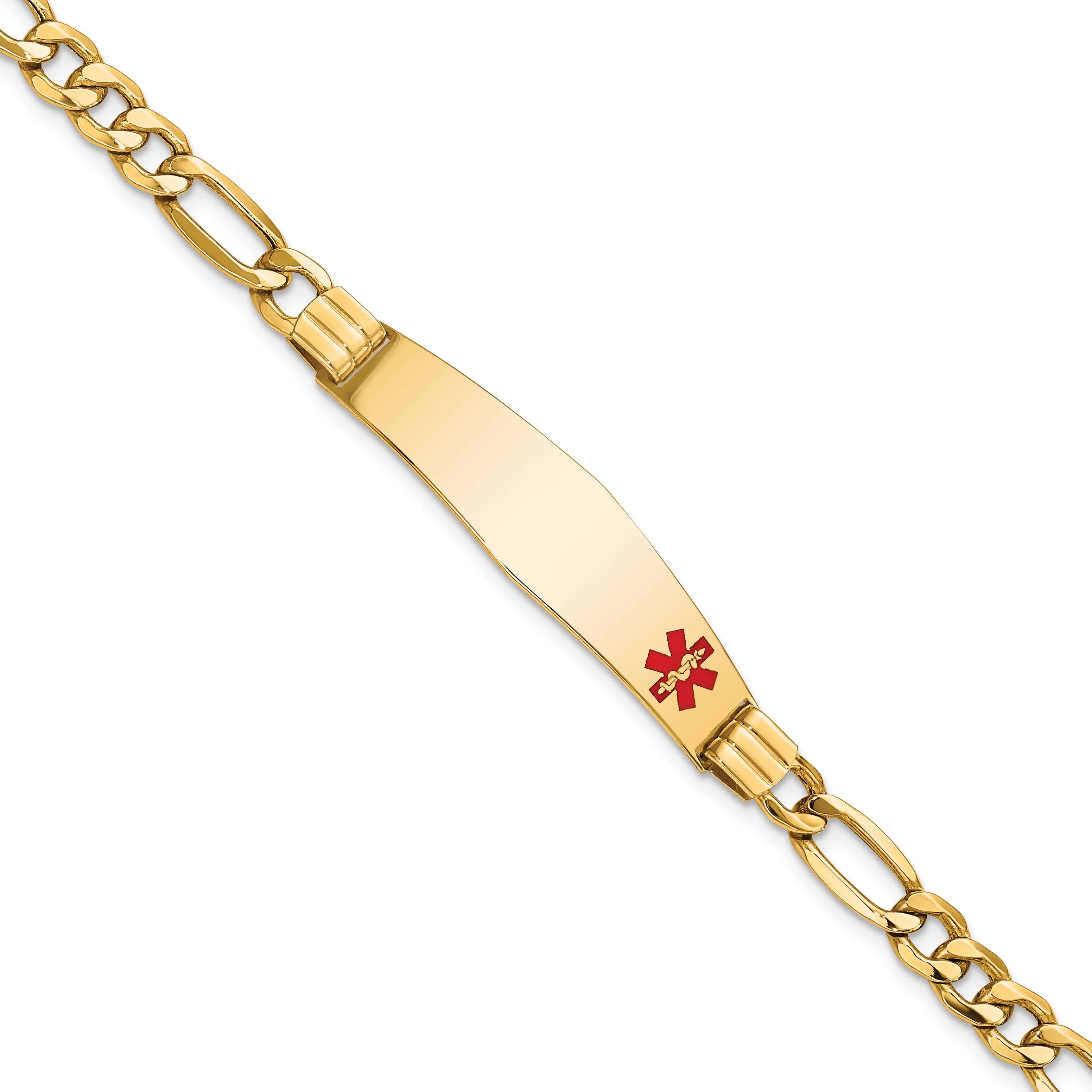 14K Medical Semi-Solid Chain/Solid Plate Soft Diamond Shape 38x9mm Off-Center Red Enamel Figaro Link 8 inch ID Bracelet Main image
