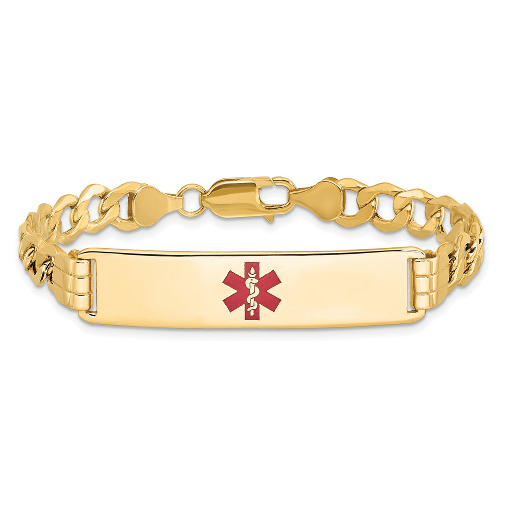 14K Medical Semi-Solid Chain/Solid Plate 40x10mm Centered Red Enamel Curb Link 8 inch ID Bracelet