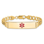 14K Medical Semi-Solid Chain/Solid Plate 40x10mm Centered Red Enamel Curb Link 8 inch ID Bracelet