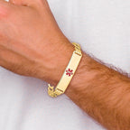 14K Medical Semi-Solid Chain/Solid Plate 40x10mm Centered Red Enamel Curb Link 7 inch ID Bracelet