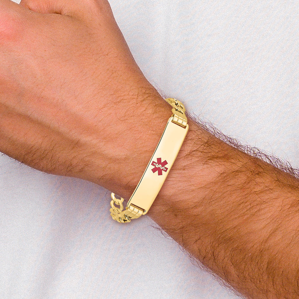 14K Medical Semi-Solid Chain/Solid Plate 40x10mm Centered Red Enamel Curb Link 8 inch ID Bracelet