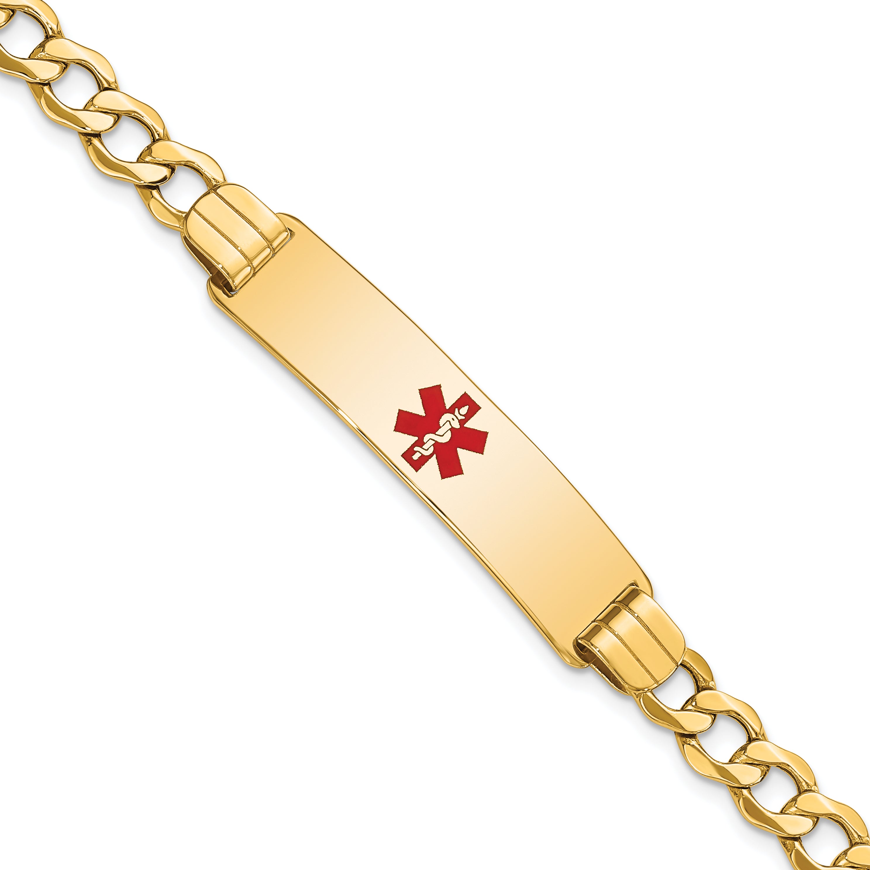 14K Medical Semi-Solid Chain/Solid Plate 40x10mm Centered Red Enamel Curb Link 7 inch ID Bracelet Main image