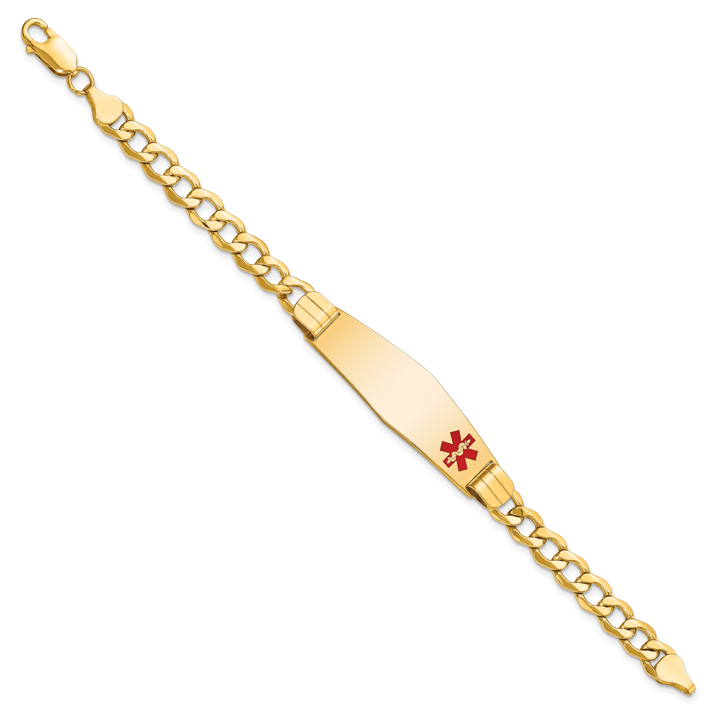 14K Medical Semi-Solid Chain/Solid Plate Soft Diamond Shape 40x12mm Off-Center Red Enamel Curb Link 8 inch ID Bracelet Main image