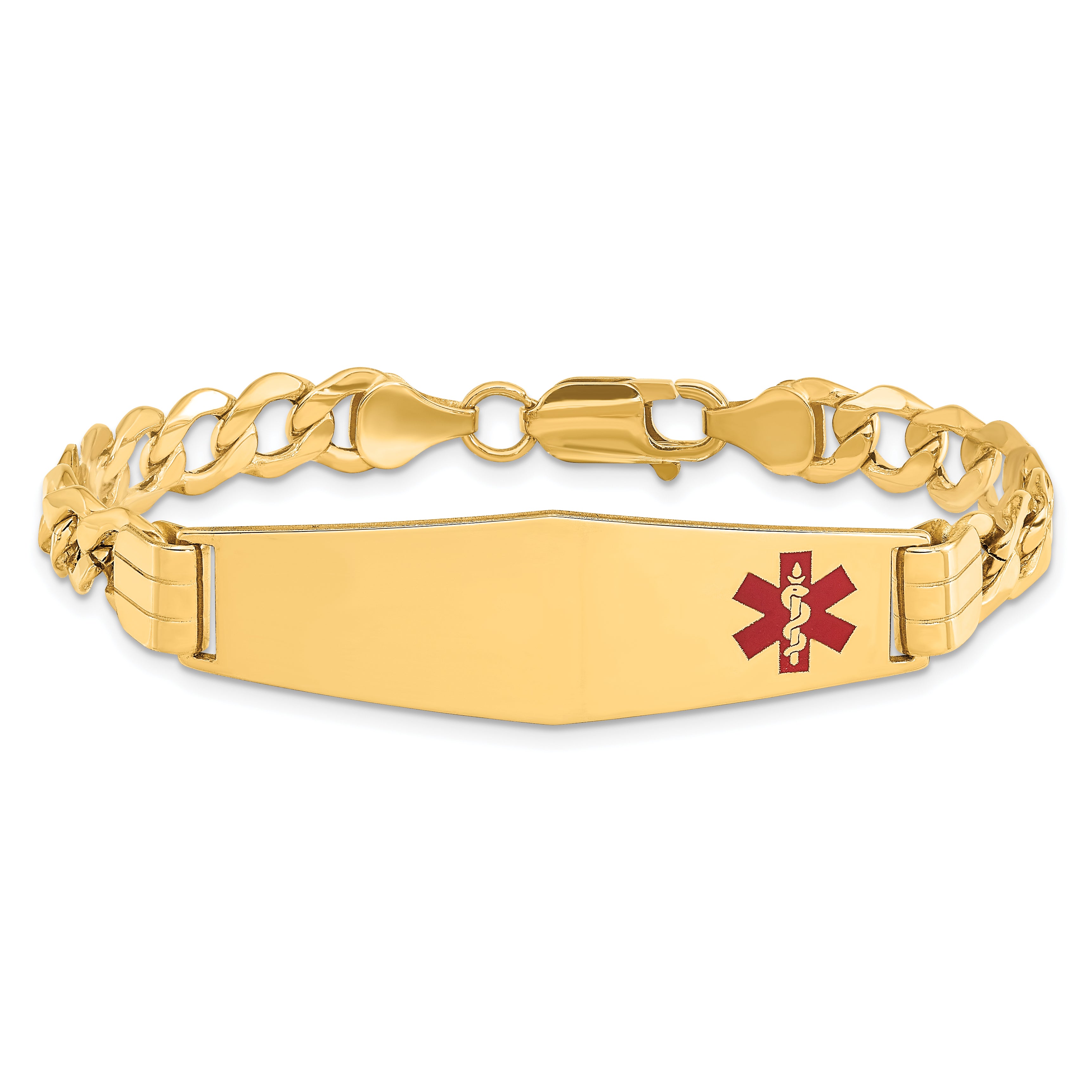 14K Medical Semi-Solid Chain/Solid Plate Soft Diamond Shape 40x12mm Off-Center Red Enamel Curb Link 7 inch ID Bracelet