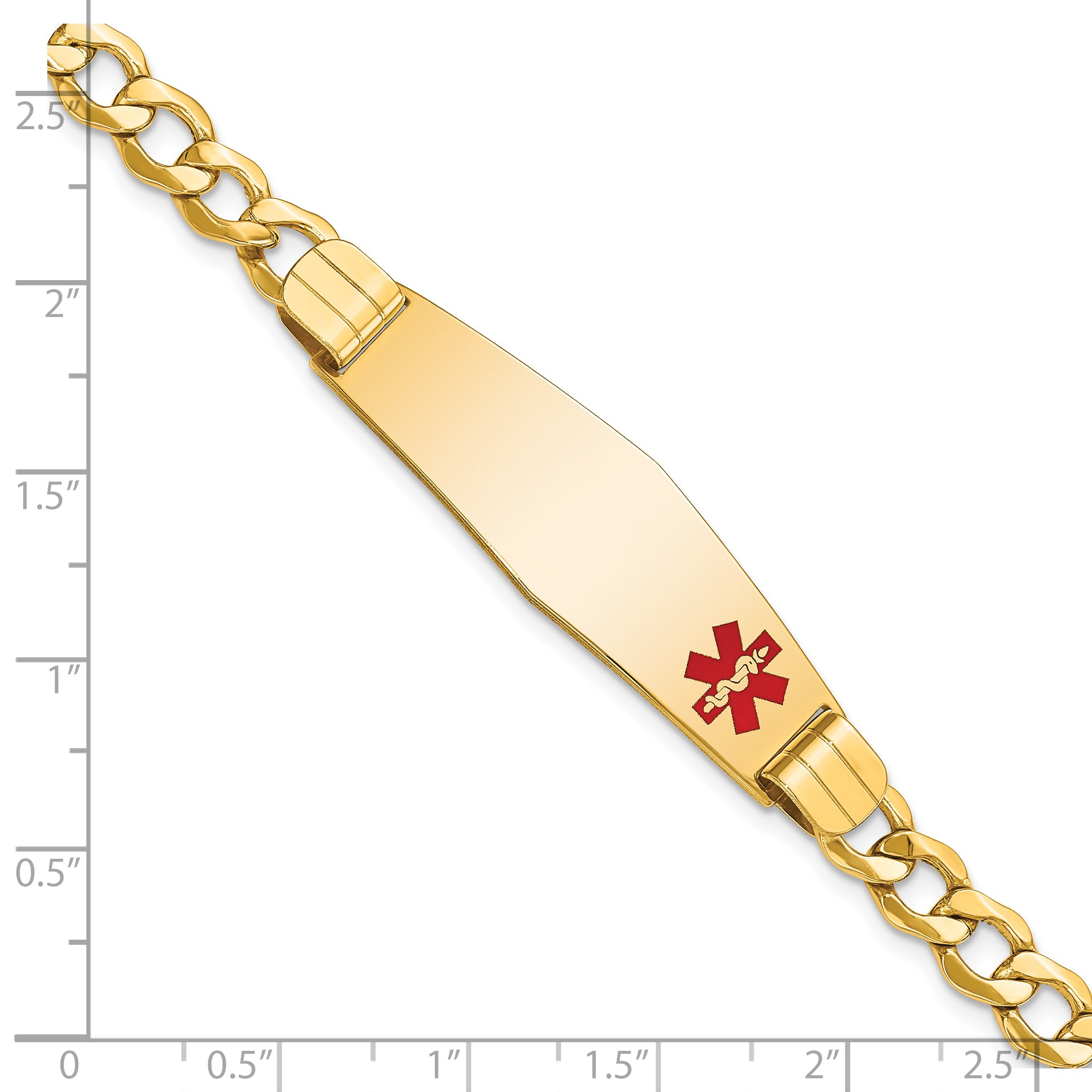 14K Medical Semi-Solid Chain/Solid Plate Soft Diamond Shape 40x12mm Off-Center Red Enamel Curb Link 7 inch ID Bracelet