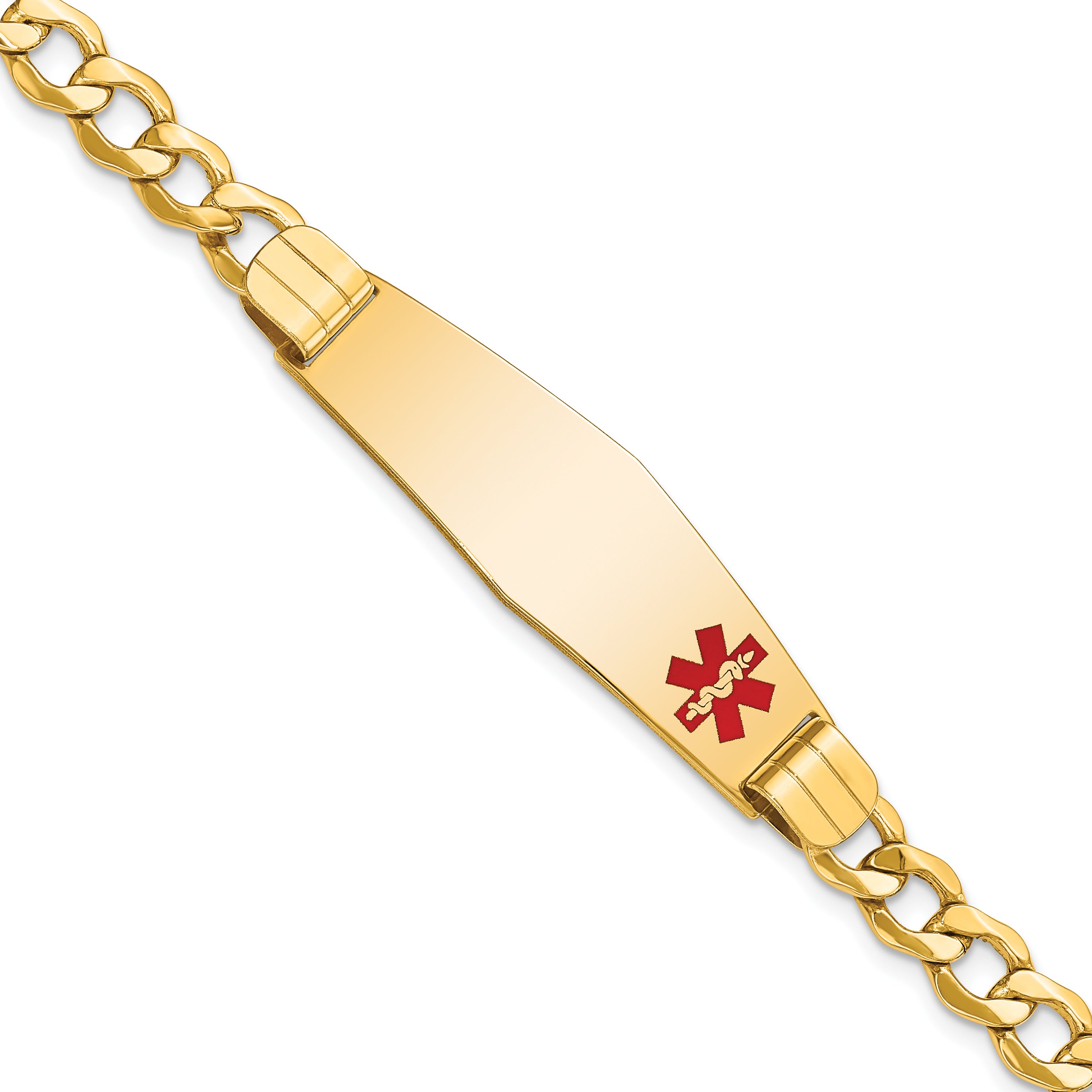 14K Medical Semi-Solid Chain/Solid Plate Soft Diamond Shape 40x12mm Off-Center Red Enamel Curb Link 7 inch ID Bracelet Main image
