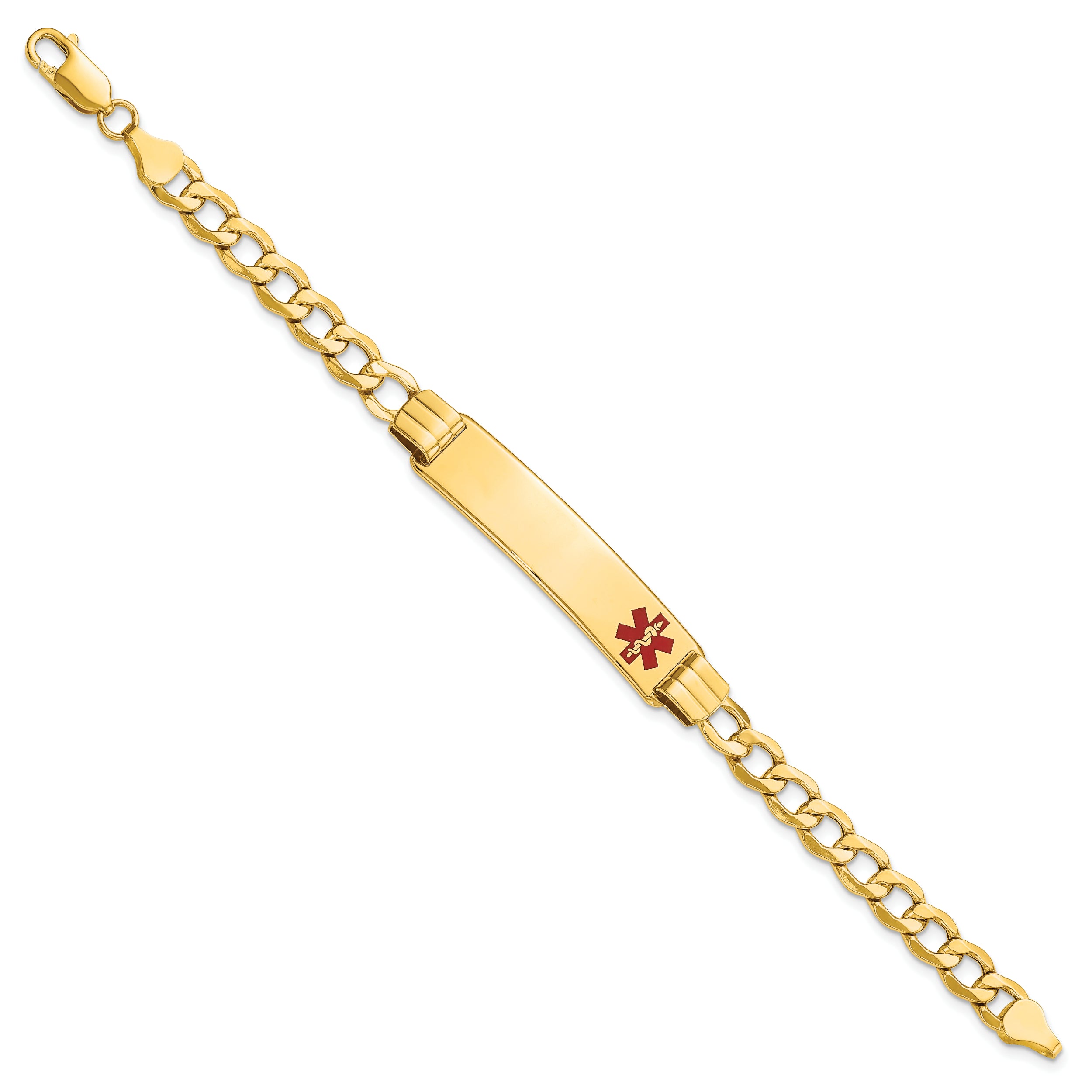 14K Medical Semi-solid Chain/Solid Plate 40x10mm Off-Center Red Enamel Curb Link 7 inch ID Bracelet