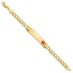 14K Medical Semi-solid Chain/Solid Plate 40x10mm Off-Center Red Enamel Curb Link 7 inch ID Bracelet