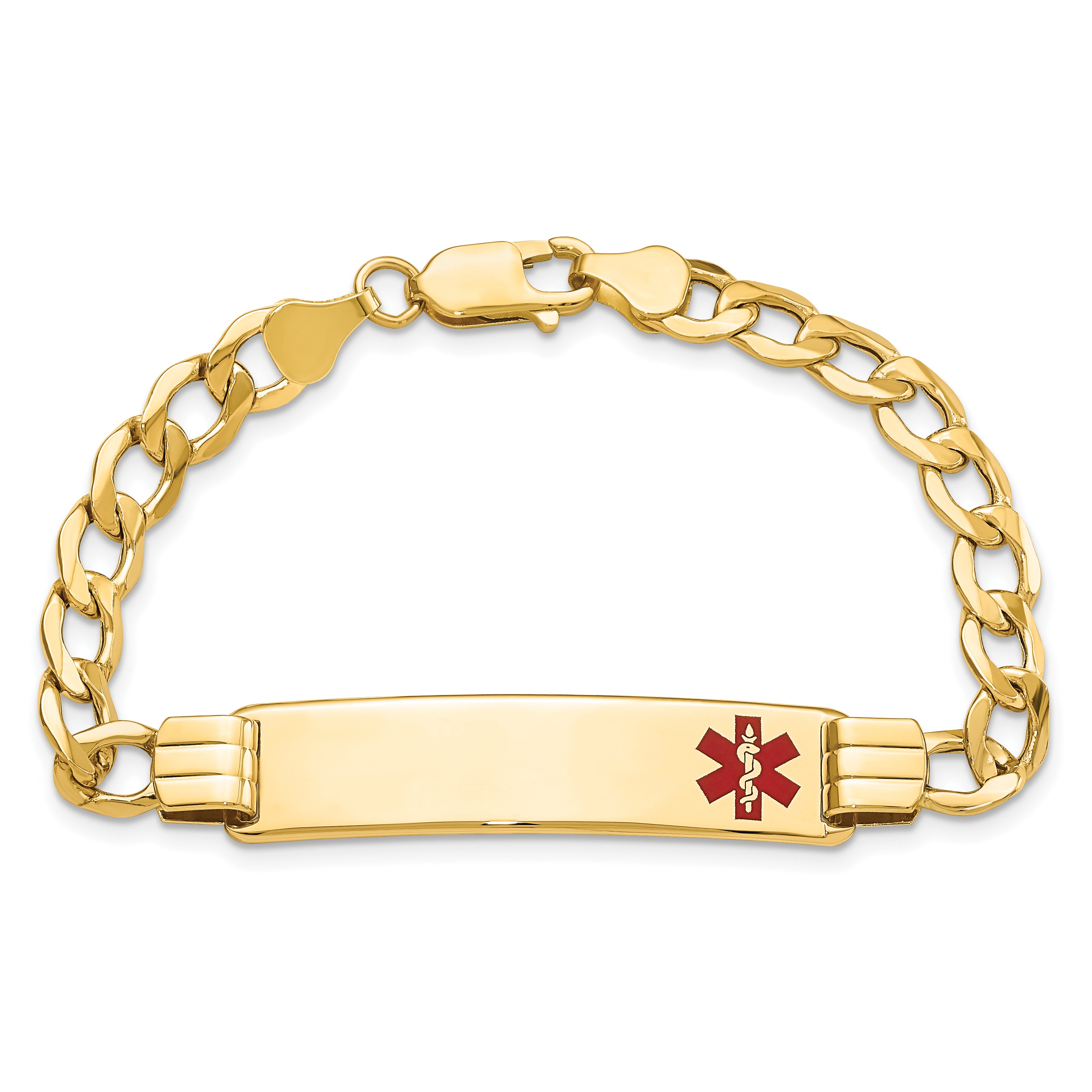 14K Medical Semi-solid Chain/Solid Plate 40x10mm Off-Center Red Enamel Curb Link 7 inch ID Bracelet