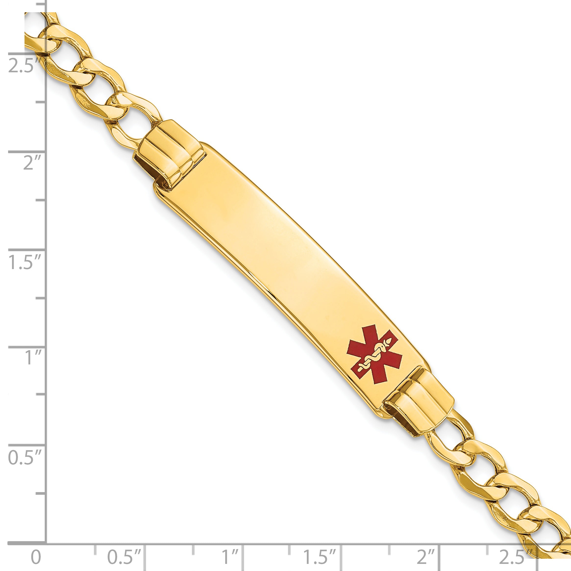 14K Medical Semi-solid Chain/Solid Plate 40x10mm Off-Center Red Enamel Curb Link 7 inch ID Bracelet