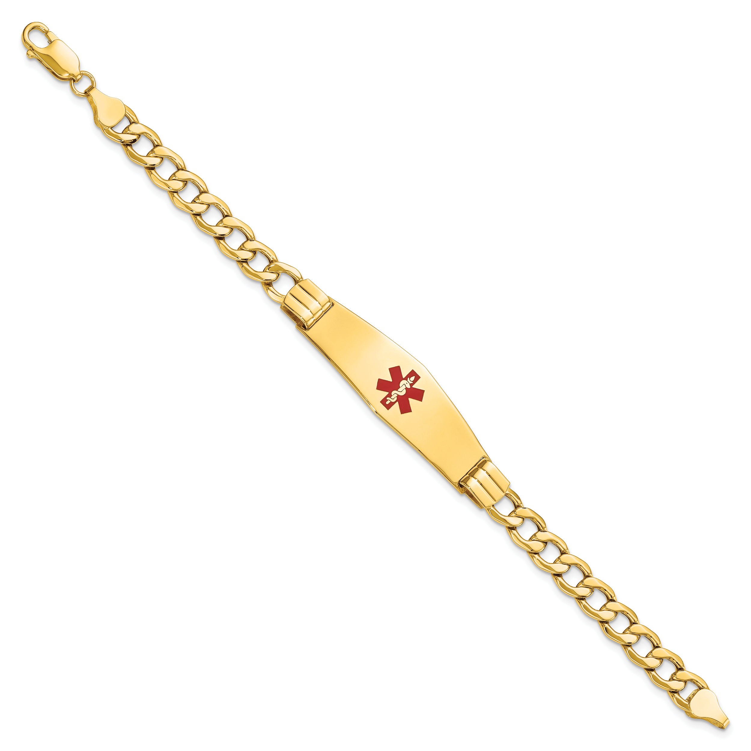 14K Medical Semi-Solid Chain/Solid Plate Soft Diamond Shape 40x12mm Centered Red Enamel Curb Link 8 inch ID Bracelet Secondary image